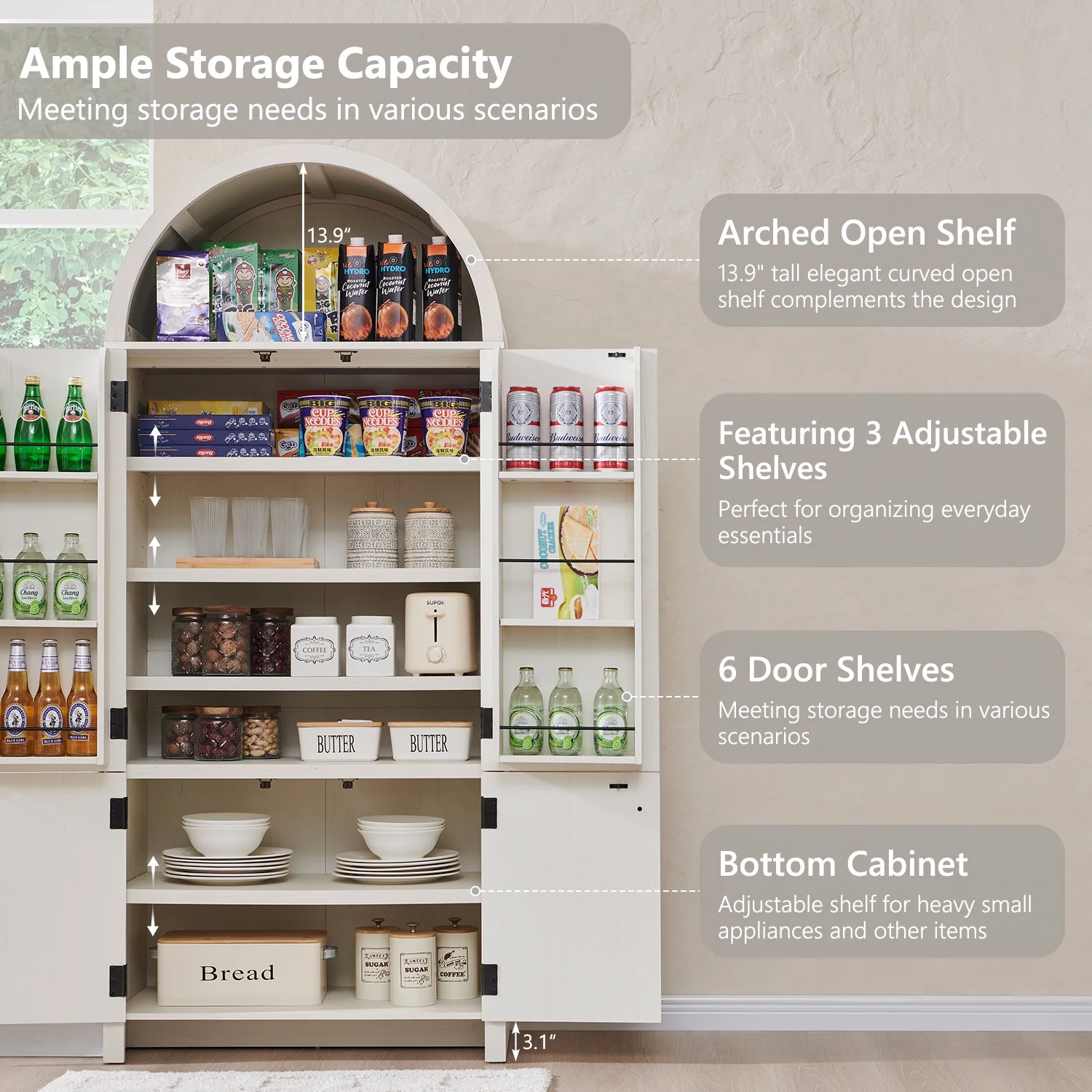 IFGET 71" Tall Arched Kitchen Pantry Storage Cabinet, Large Storage Cabinet with Adjustable Shelves, Pantry Cabinet for Kitchen, Dining Room - Image 24