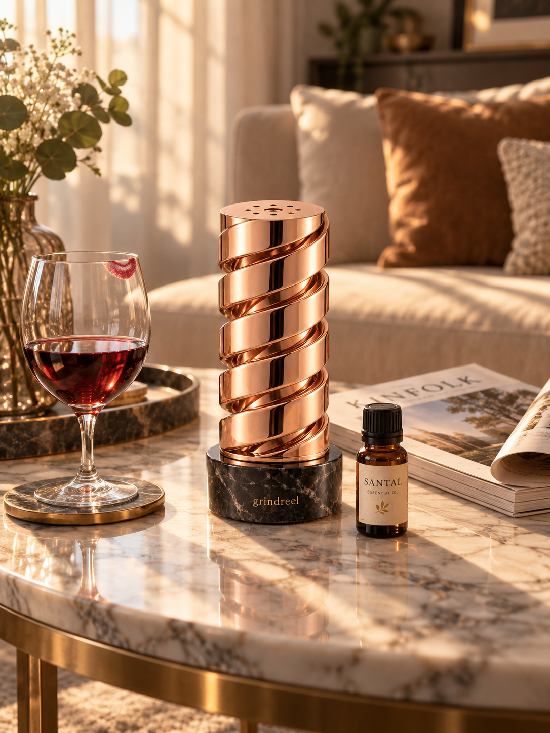 Rose Gold Spiral Diffuser in an elegant living room scene