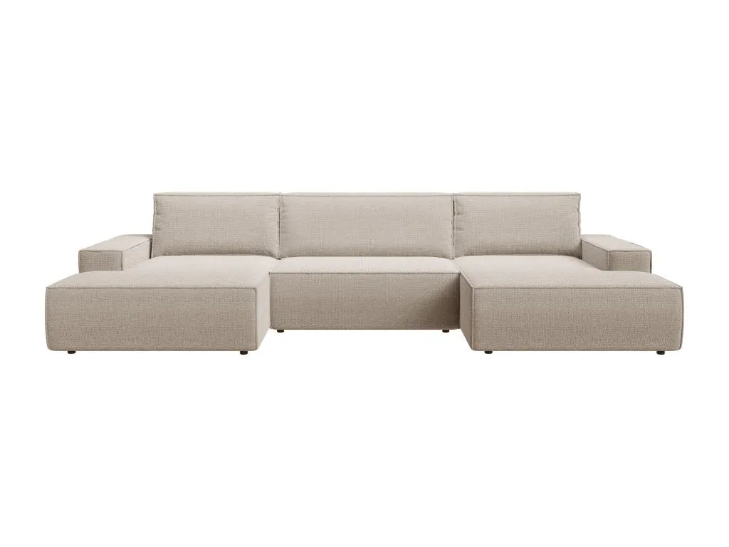 Gran sofá cama rinconero panorámico de tela texturizada color beige Decounico