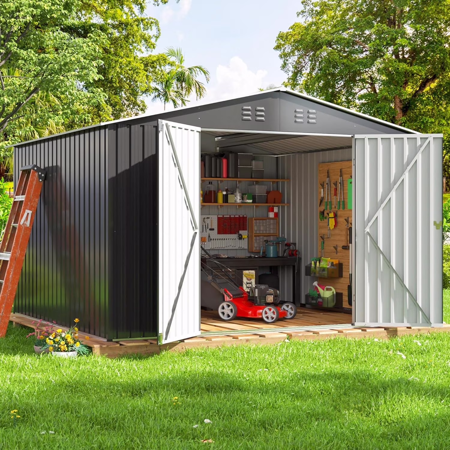 NETAJE 8x12 FT Outdoor Metal Shed with Updated Aluminum Frame, Storage Shed with Lockable Doors & Sliding Roof for Backyard, Garden, Gray - Image 3