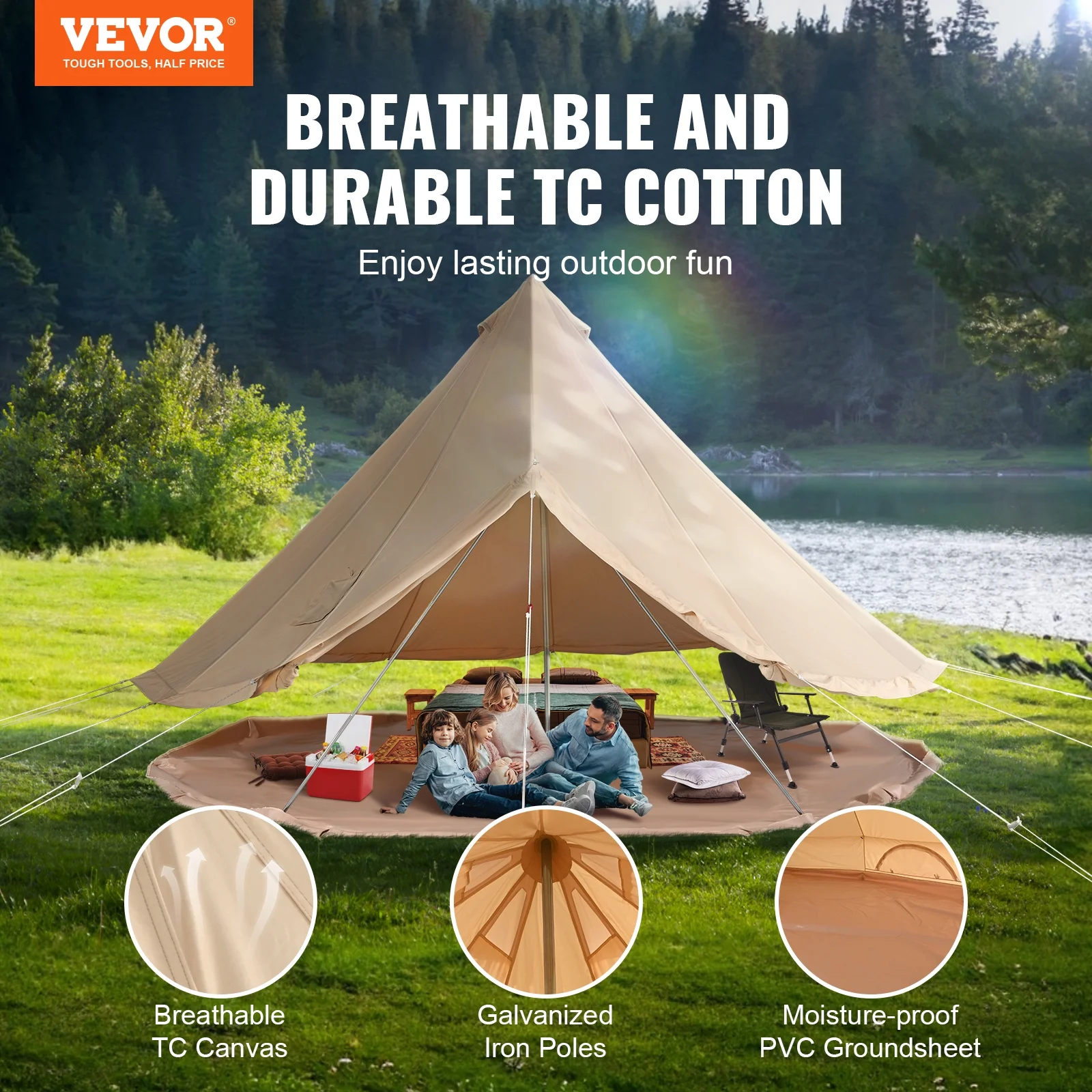VEVOR Canvas Bell Tent, 4 Seasons 6 m/19.68 ft Yurt Tent, Canvas Tent for Camping with Stove Jack, Breathable Tent Holds up to 10 People, Family Camping Outdoor Hunting Party - Image 2