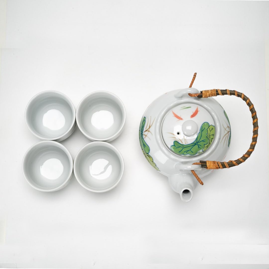 Japanese Style Porcelain Tea Set, 22 fl oz Teapot with 4 Cups, Koi Fish and Lotus Leaf Design, White, Top Pour Bamboo Handle