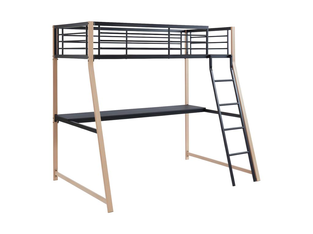 Cama alta MALICIA - 90 x 190 cm - escritorio - Negro y roble