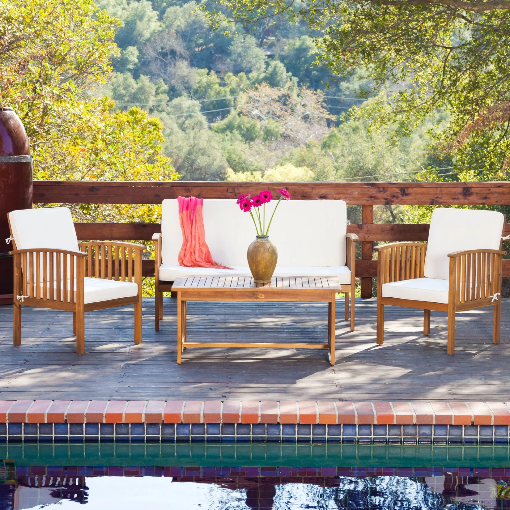 4 Pieces Patio Furniture Set, Balcony Bistro Set, Wood Outdoor Seating Set with Water Resistant Cushions and Coffee Table for Pool Beach Backyard Balcony Garden, Brown - Image 2