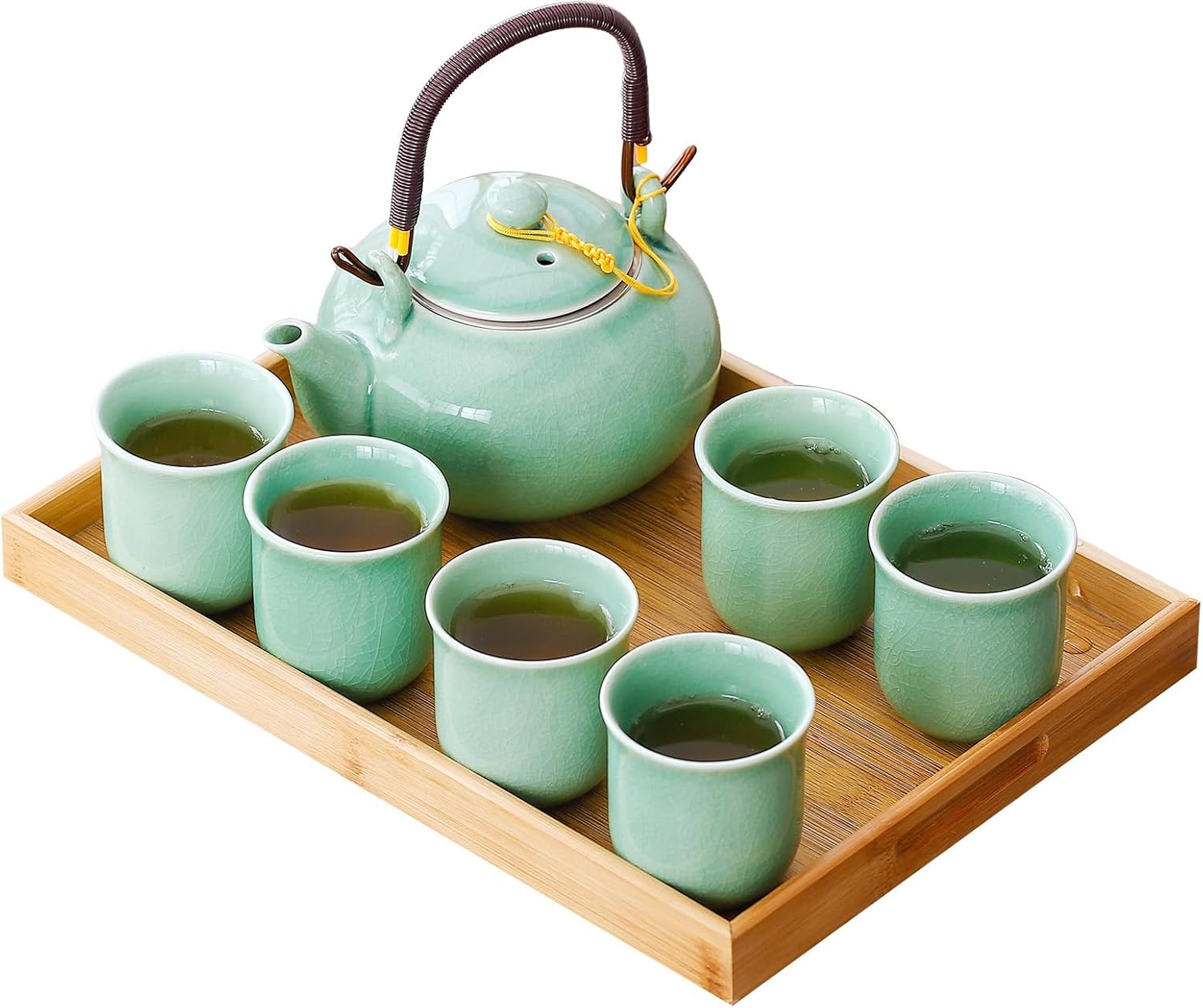 Traditional Japanese tea set, Kiln altered glaze Porcelain tea set with 1 Teapot, 6 Tea cups, 1 Tea Tray,Japanese teapot set, Asian tea sets (Kiln altered-Green)