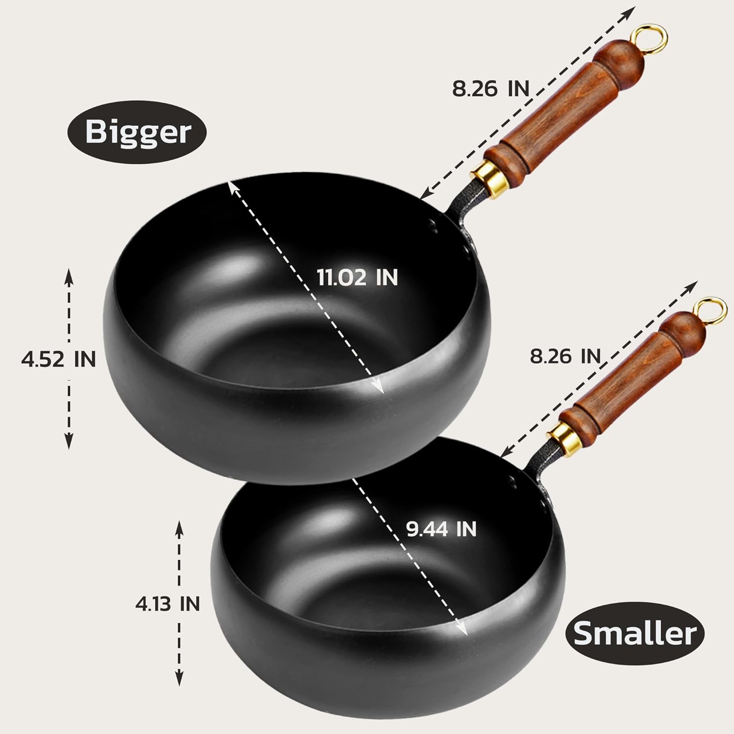 MACTANO Uncoated Iron Pan, Nonstick Wok Hand Forged Iron Pan with Lid Stir Fry Wok Skillet for Cooking - 9.44IN