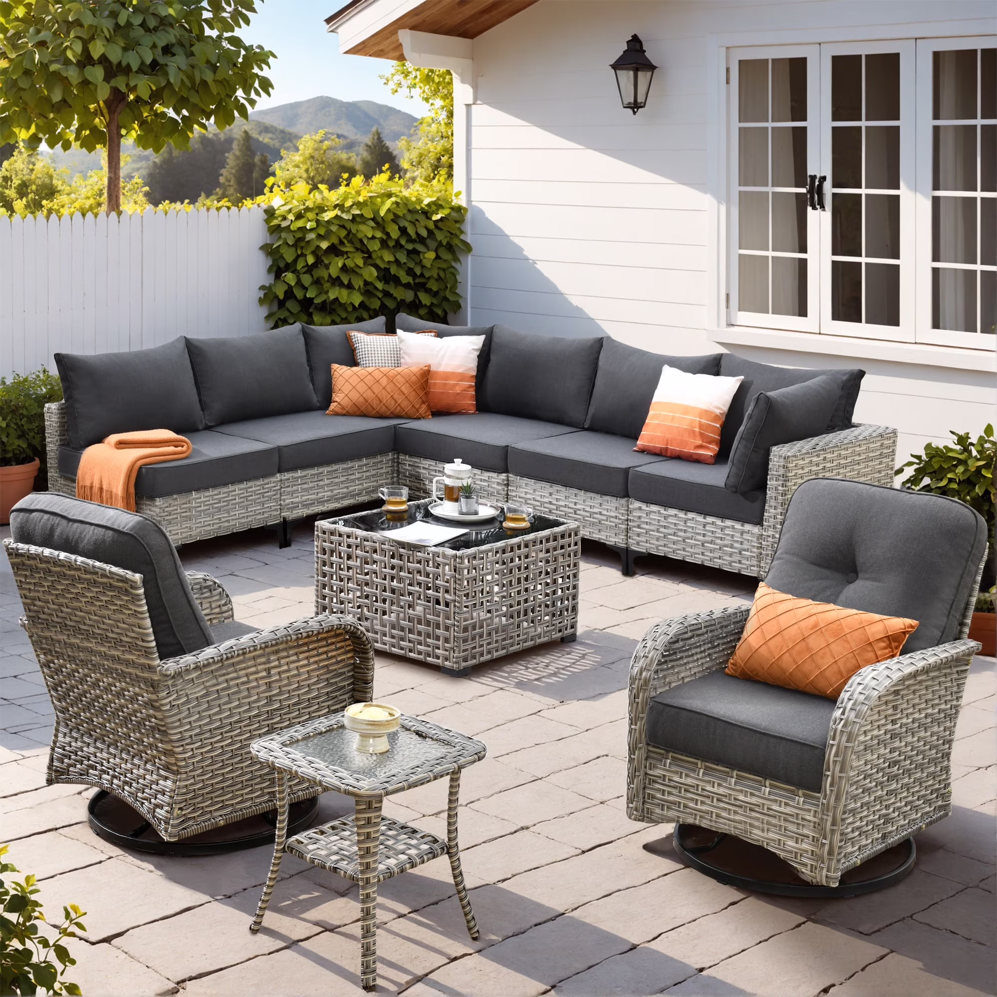 Vcatnet Outdoor Patio Furniture Sets 10 Pieces Sectional Sofa Wicker Conversation Set with Swivel Glider Chairs and Solar Powered Coffee Table for Porch,Backyard,Gray - Image 13