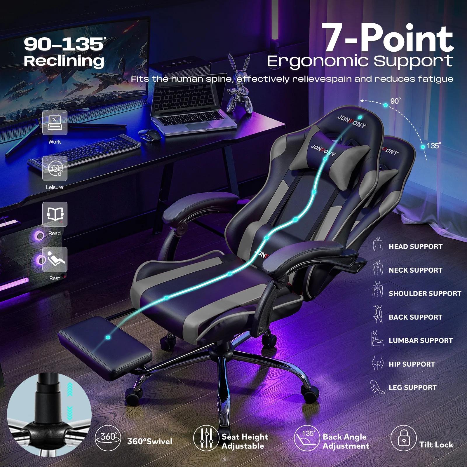JONPONY Big and Tall 500LBS Gaming Chair, Ergonomic Design, Gamer Chair PU Leather with Footrest and Lumbar Support, High Back Office Chair Support 8 Hours Long Sitting,Red Computer Chair,Red - Image 30