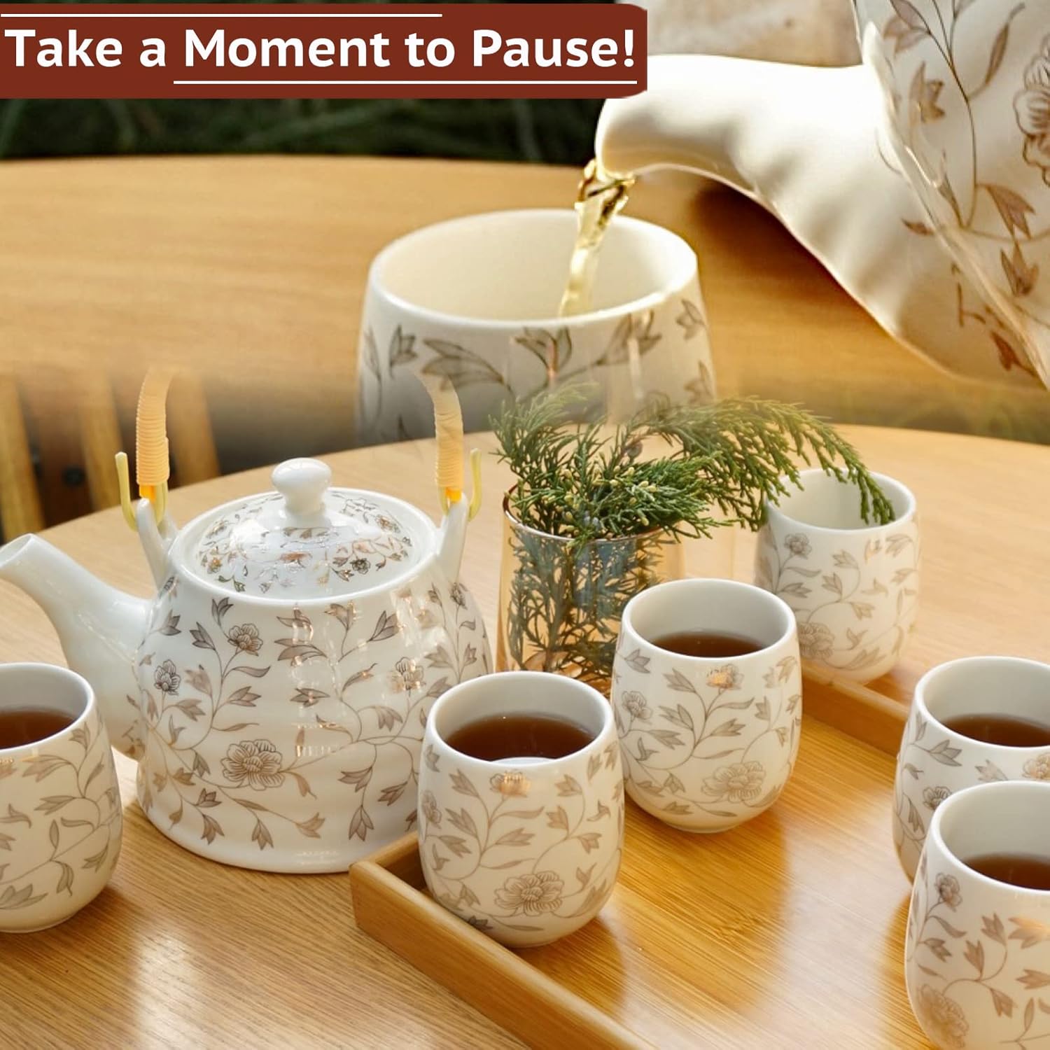 La Belle Vie Japanese Tea Set, White Porcelain Tea Set as Gift, 1 Pot (32.1oz), 6 Cups (6.1oz), 1 Stainless Steel Tea Infuser, 1 Bamboo Tray, Pretty Gift for Birthday, Festivals, Events