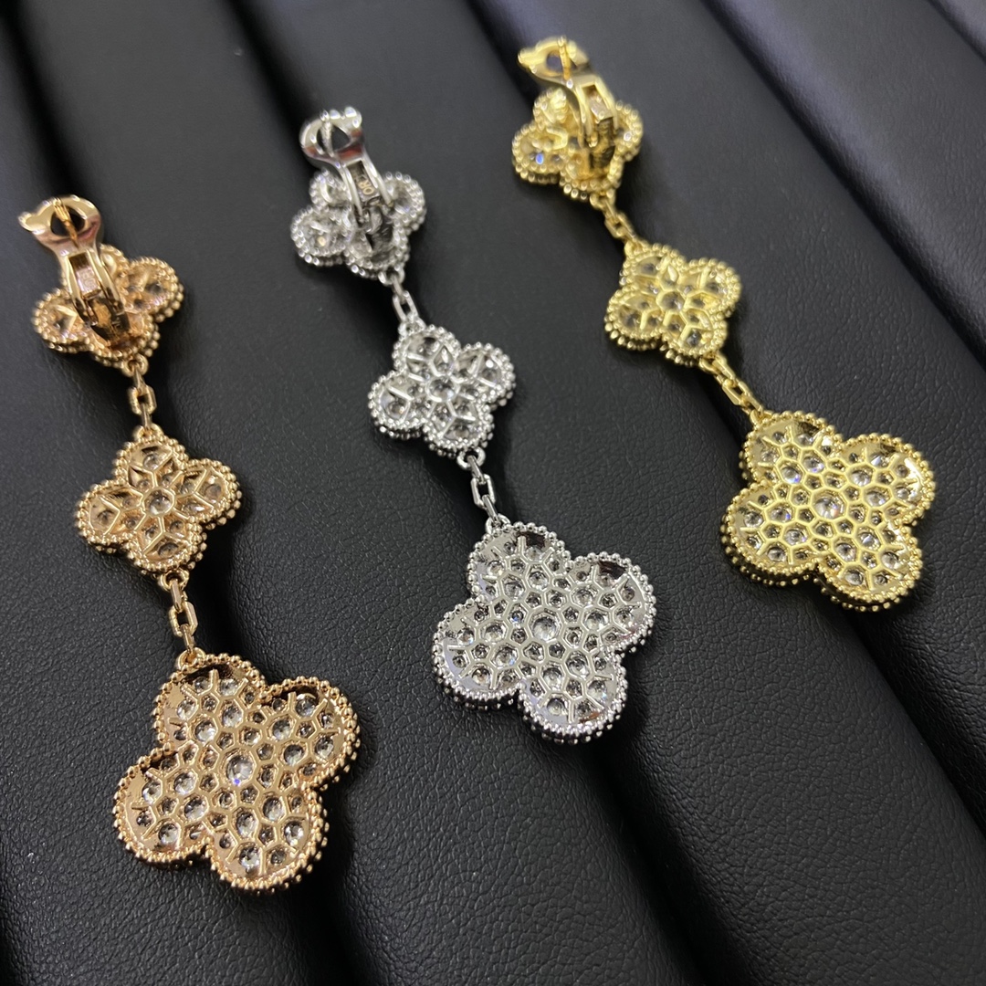 VCA Paved Full Diamond Long Clover Earrings - Original Replica Club