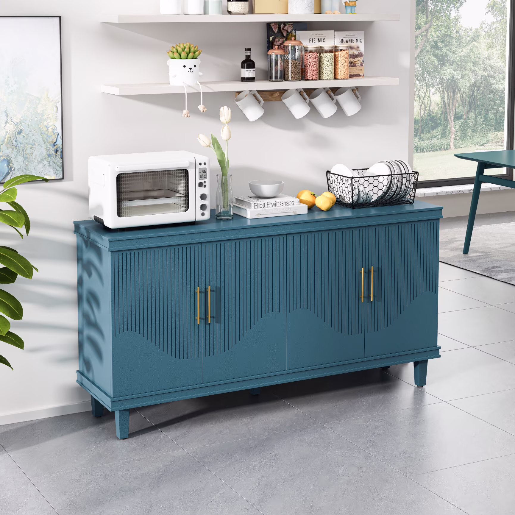 Large 4 - Door Storage Cabinet with Adjustable Shelves, Modern Multi - Room Organizer for Living Room, Kitchen, Bedroom, Hallway - Blue(MDF+Metal/Natural)