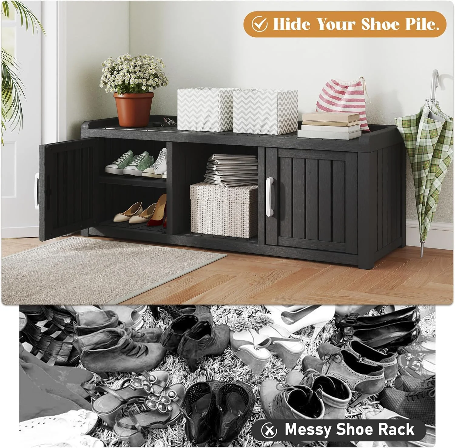 KAMABOKO Outdoor Shoe Storage Cabinet, Waterproof UV-Resistant Entryway Storage Bench Indoor Outdoor with 2 Barn Doors, Adjustable Shelves for Entryway, Bedroom, Hallway,Living Room(Black) - Image 14