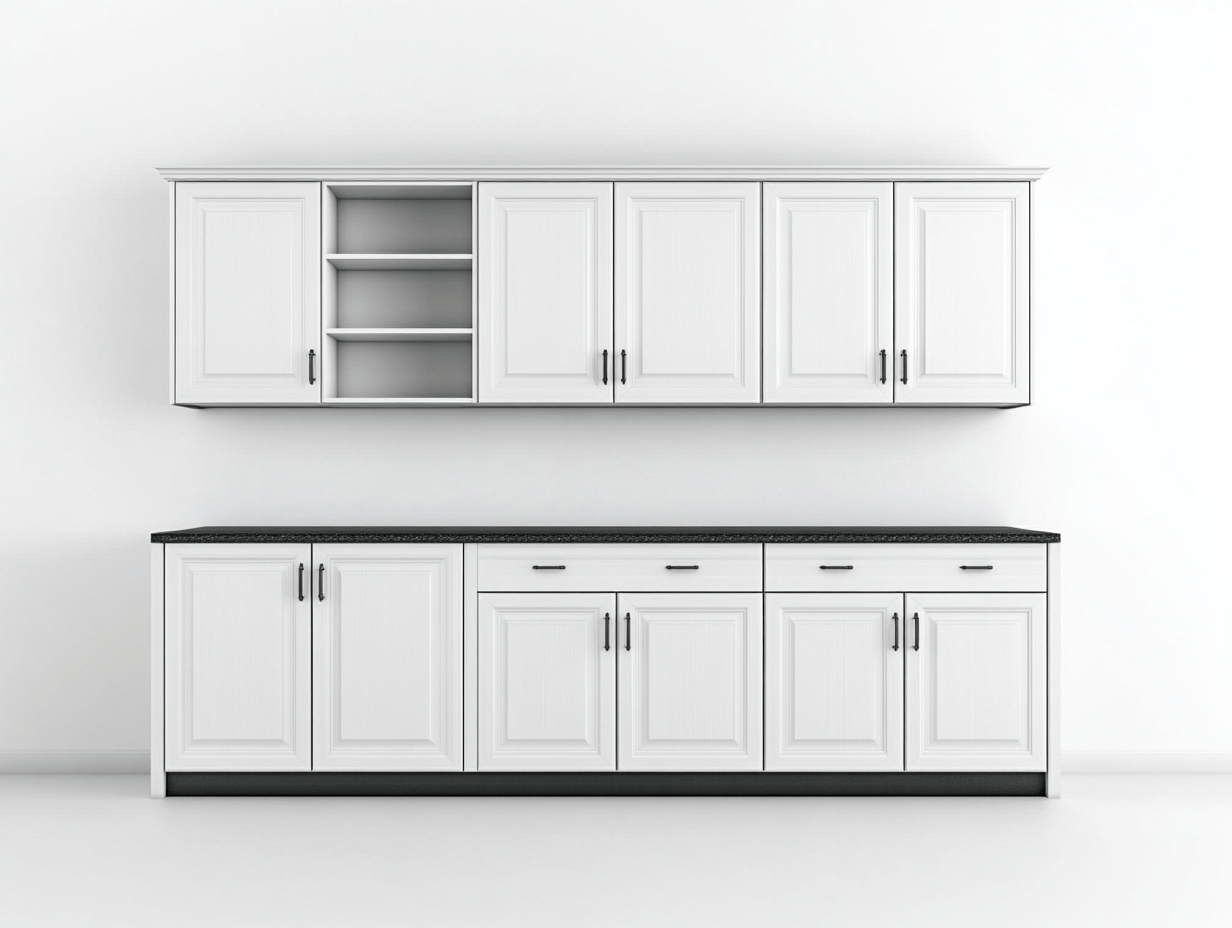 Armario de cocina modular blanco con encimera negra y estantes abiertos – MDF – 220×50×190 cm – clásico funcional