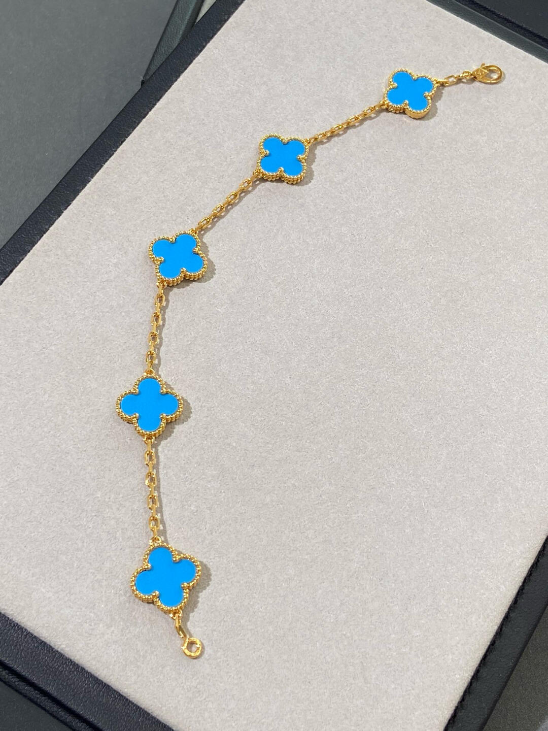 VCA Blue Agate VIntage Alhambra Bracelet, 5 Motifs - Original Replica Club