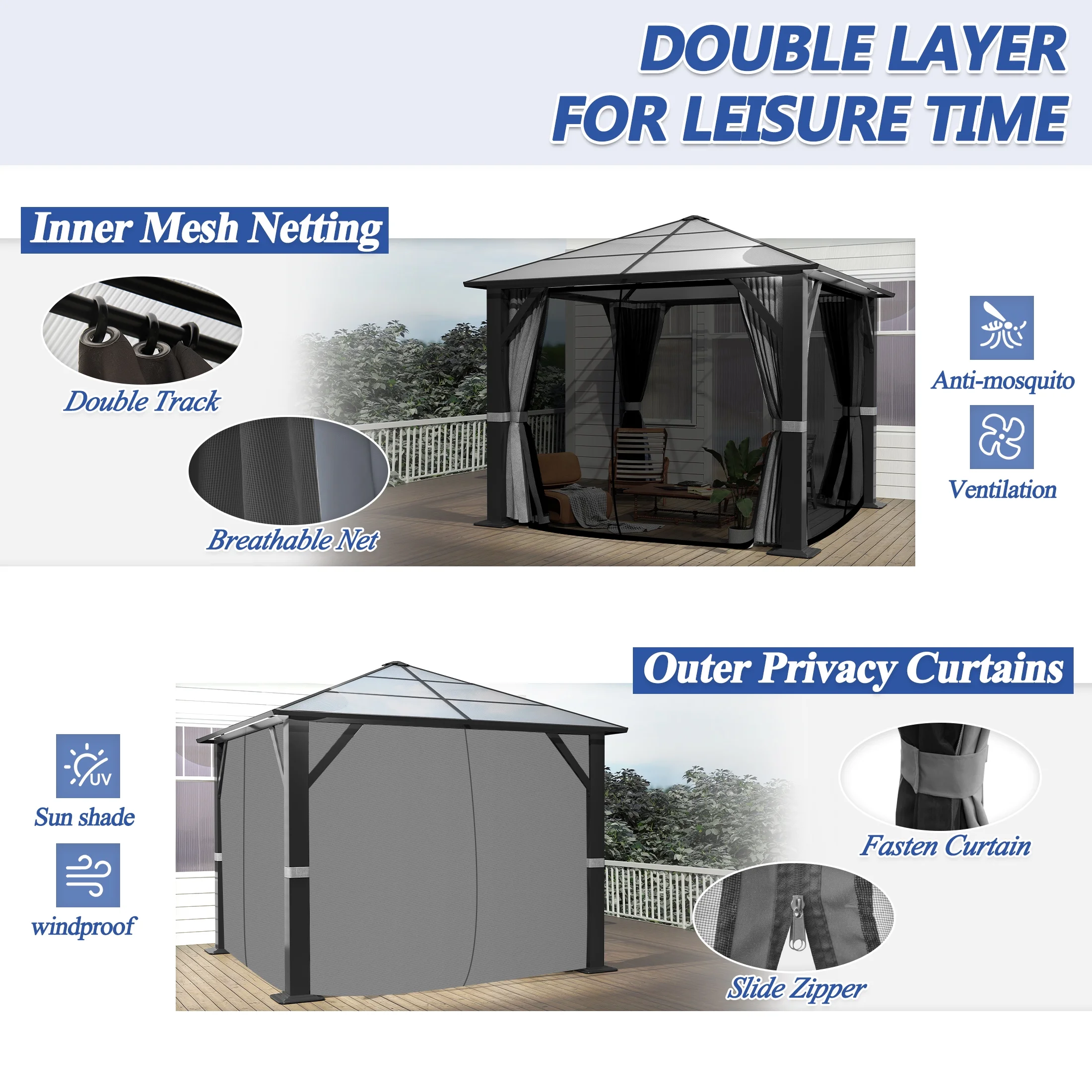 GARTOO 10' x 10' Hardtop Gazebo, Outdoor Polycarbonate Roof Gazebo with Steel Frame, Permanent Pavilion with Netting& Curtains - Image 8