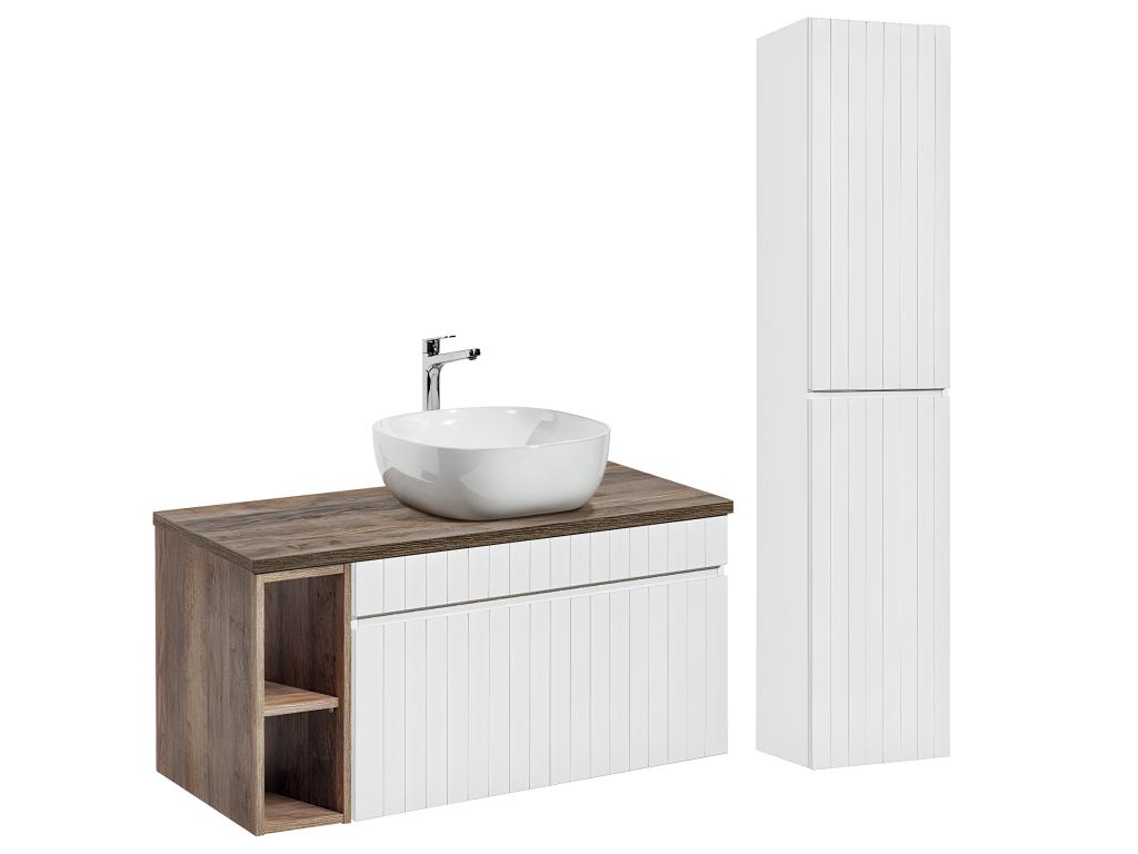 Conjunto mueble lavabo individual 100cm 2 nichos y columna Zelie Blanco y Madera