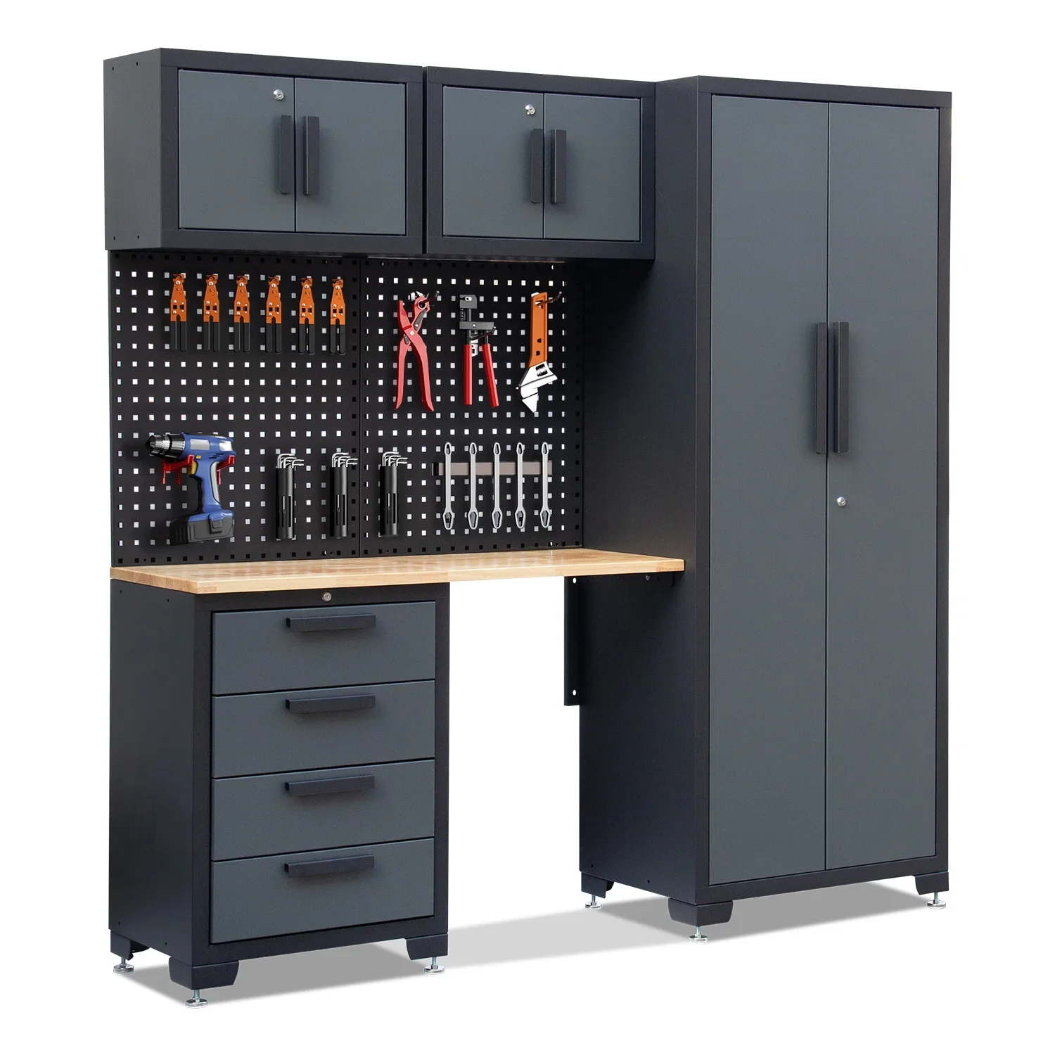 HPDMC 7-Piece Metal Garage Cabinet System With 4-Drawer Roller Cabinet, 47.2 in Workbench And Pegboards - Image 11 HPDMC 7-Piece Metal Garage Cabinet System With 4-Drawer Roller Cabinet, 47.2 in Workbench And Pegboards - Image 11