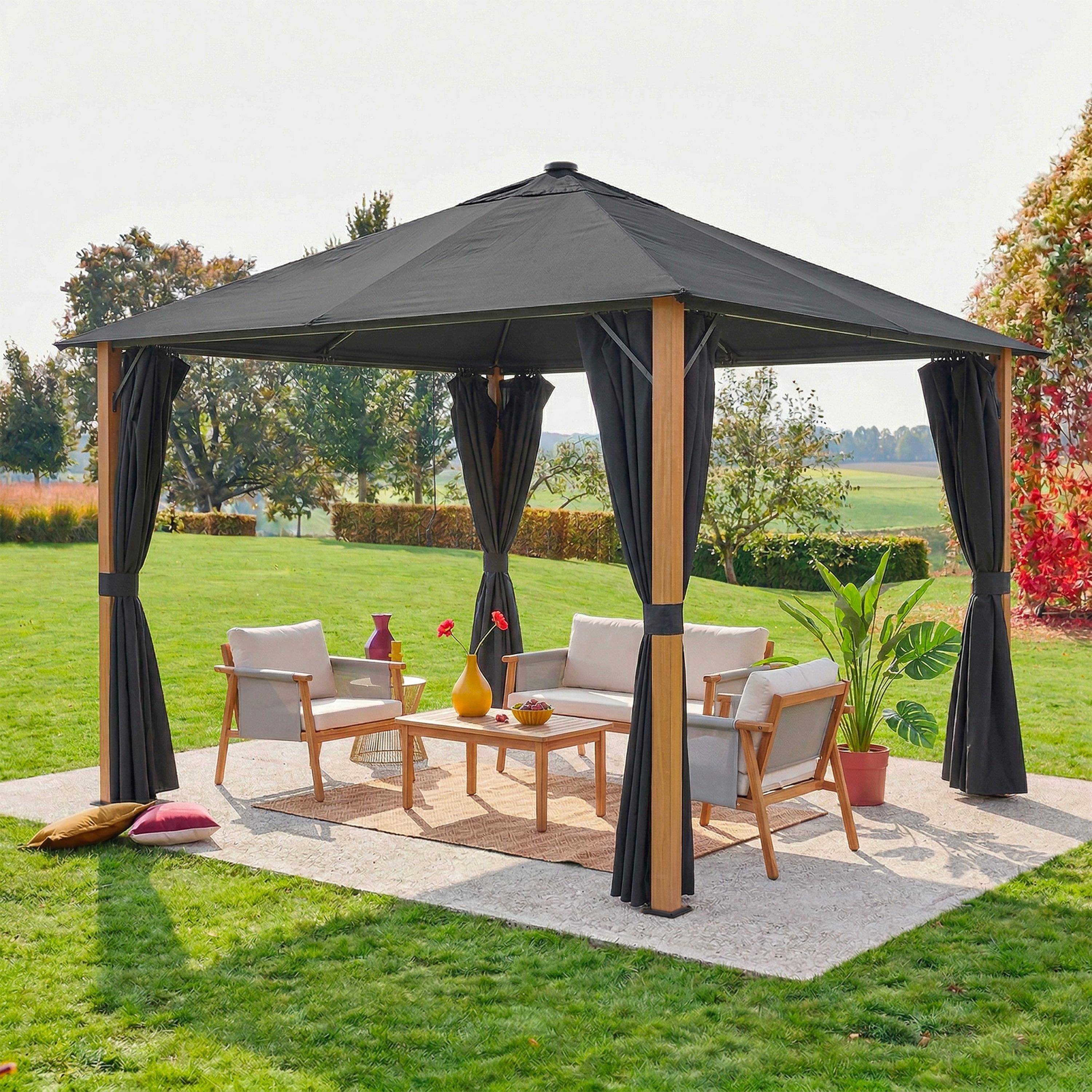Veluna - Gazebo de jardín 3x3m de aluminio efecto madera con cortinas y led