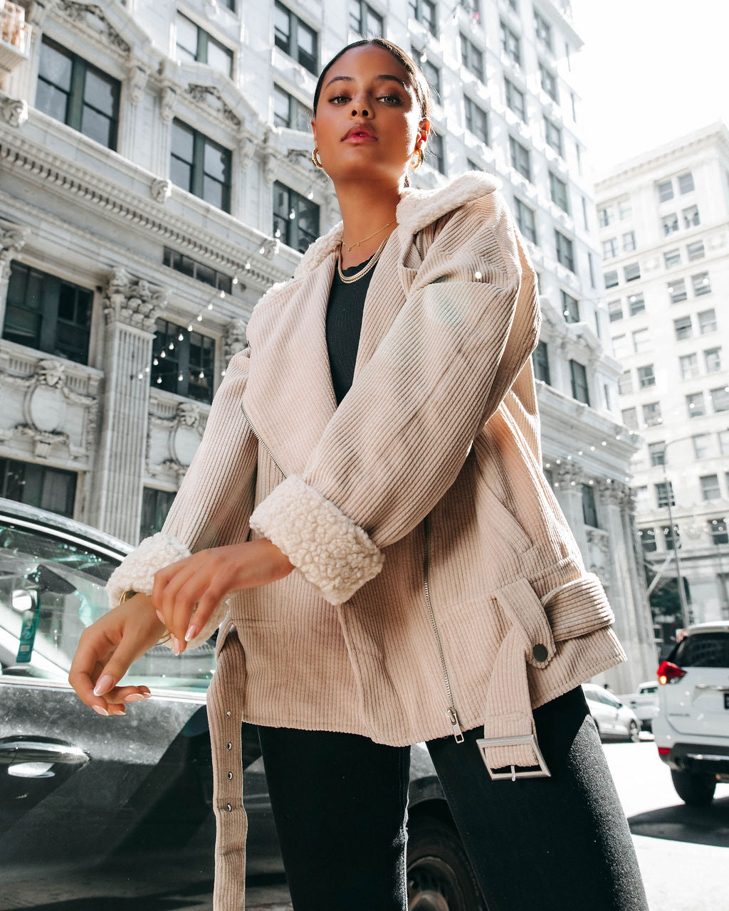 Blake Corduroy Faux Sherpa Moto Jacket - Cream - Se7enfashion