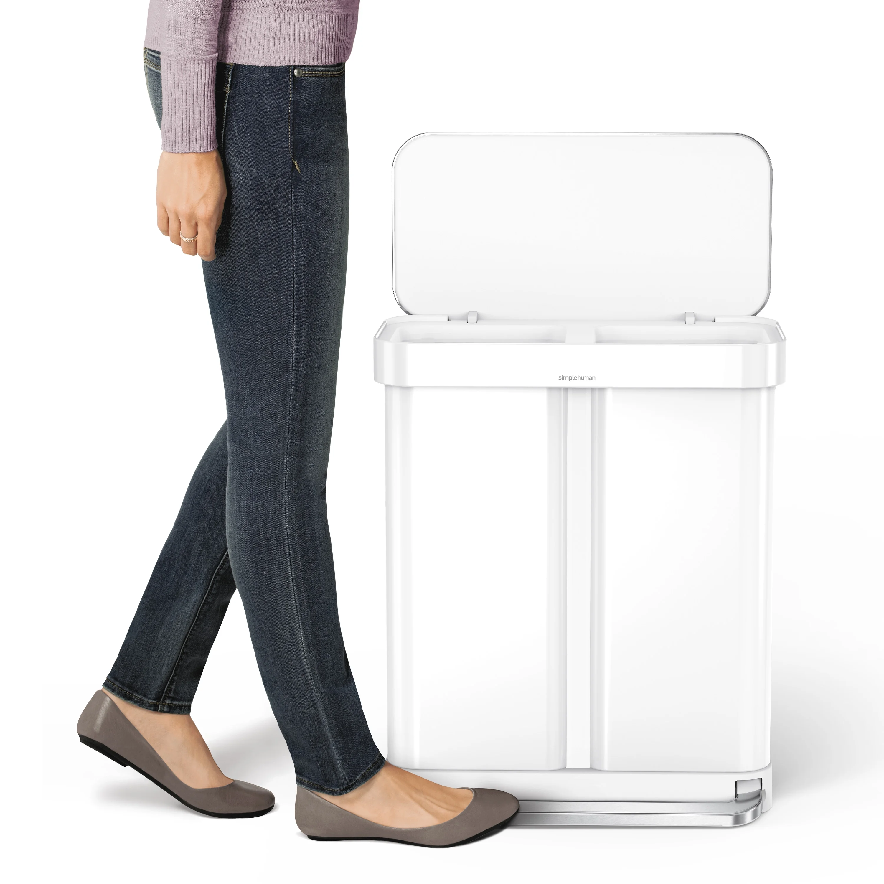 simplehuman 58 Liter / 15.3 Gallon Rectangular Dual Compartment Recycling Step, Brushed Stainless Steel with Soft-Close Plastic Lid Kitchen Trash Can - Image 20