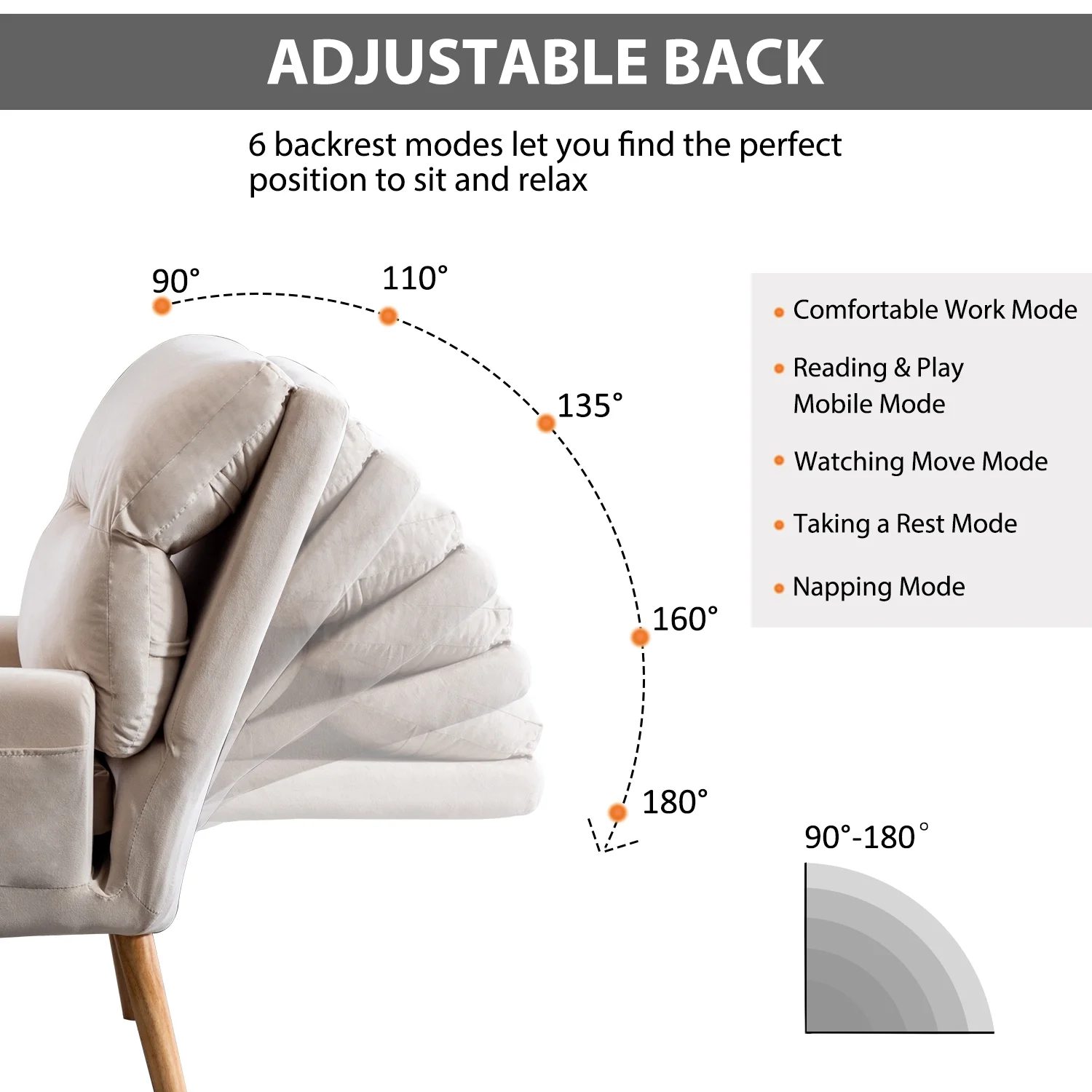 Bestier Adjustable Accent Chairs with Ottoman, Velvet Fabric Armchair for Bedroom Living Room, Comfy Lounge Chair with Padded Backrest and Side Pocket, Soft Reading Chair, Beige - Image 2