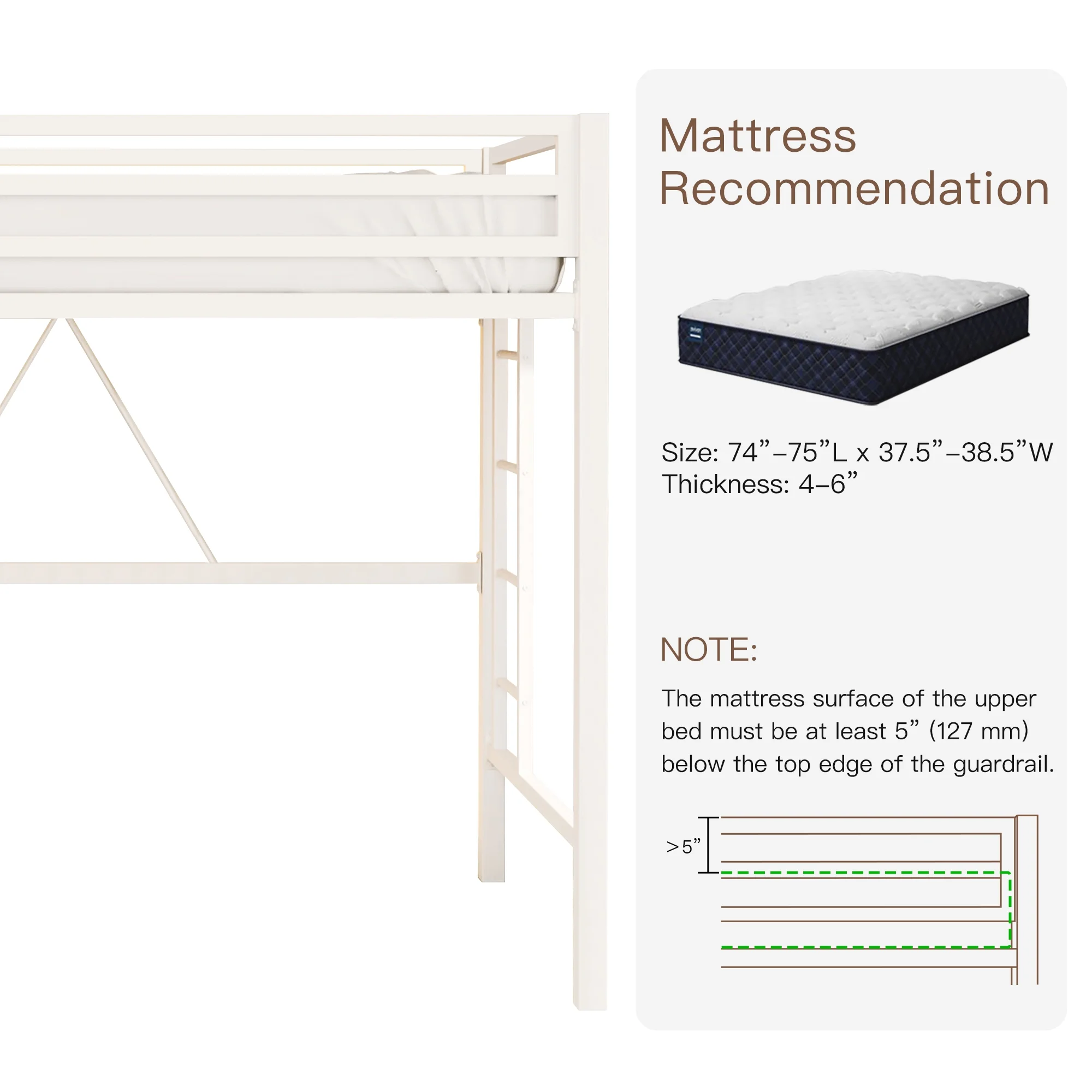 Einfach Metal Twin Size Loft Bed with Removable Ladder & Full-Length Guardrail, White - Image 9