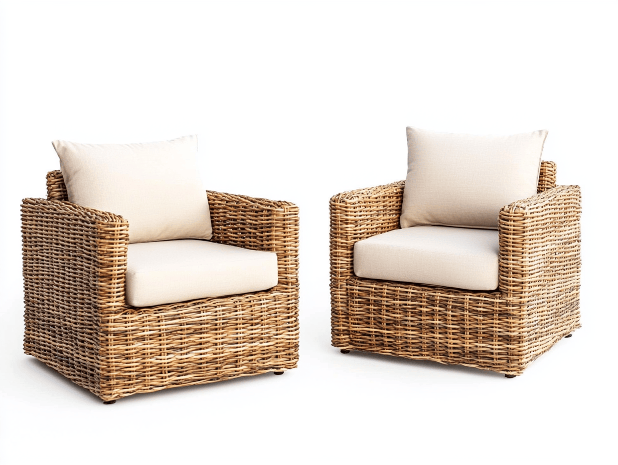 Sillón de exterior con reposabrazos (×2) – ratán sintético y cojines beige – estilo natural moderno