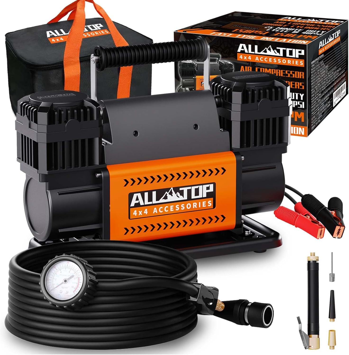 Air compressor kit, dual cylinder, 12-volt portable inflator, 12.35 cubic feet per minute, suitable for truck tires for off-road use, heavy-duty Max 150 pounds per square inch, suitable for four-wheel drive vehicles and campers.