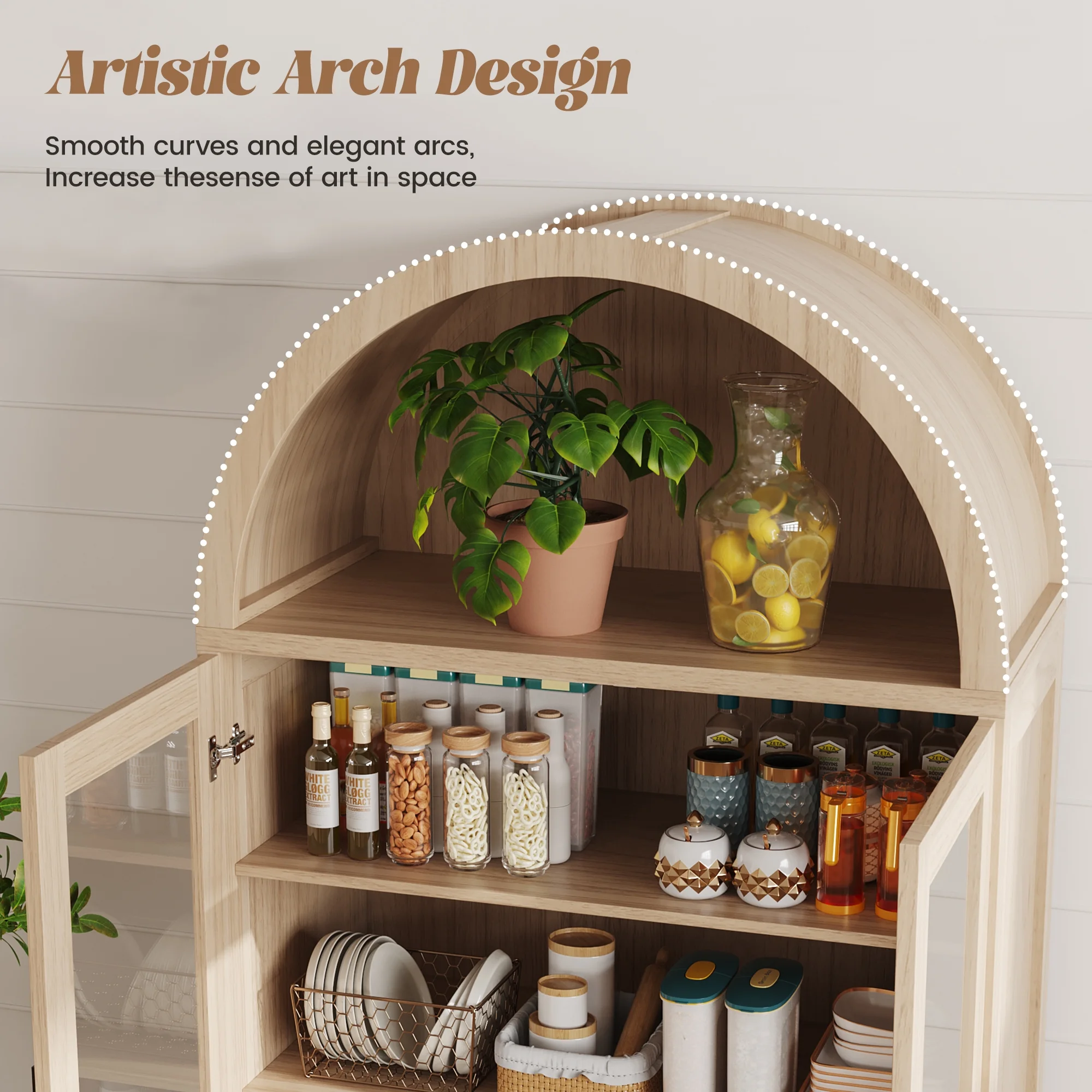 VEANERWOOD 71" Tall Arch Cabinet, Wood Fluted Kitchen Kitchen Storage Cabinet with 4 Doors and 6 Shelves for Dining Room Living Room - Image 23
