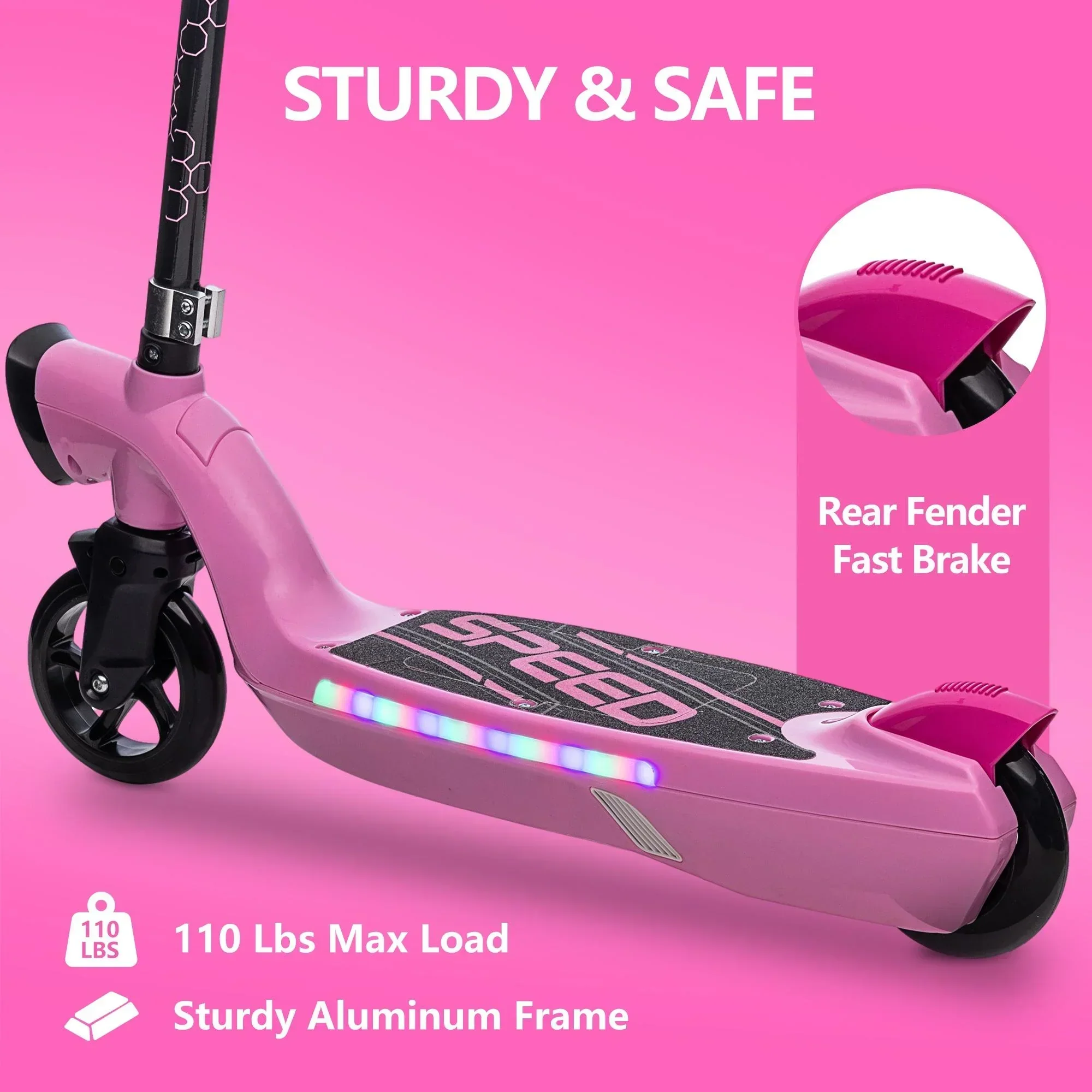 iRerts Kids Electric Scooter 12V 45W With Front Light, Rear Brake And Colorful Deck Light - Pink - Image 9 iRerts Kids Electric Scooter 12V 45W With Front Light, Rear Brake And Colorful Deck Light - Pink - Image 9