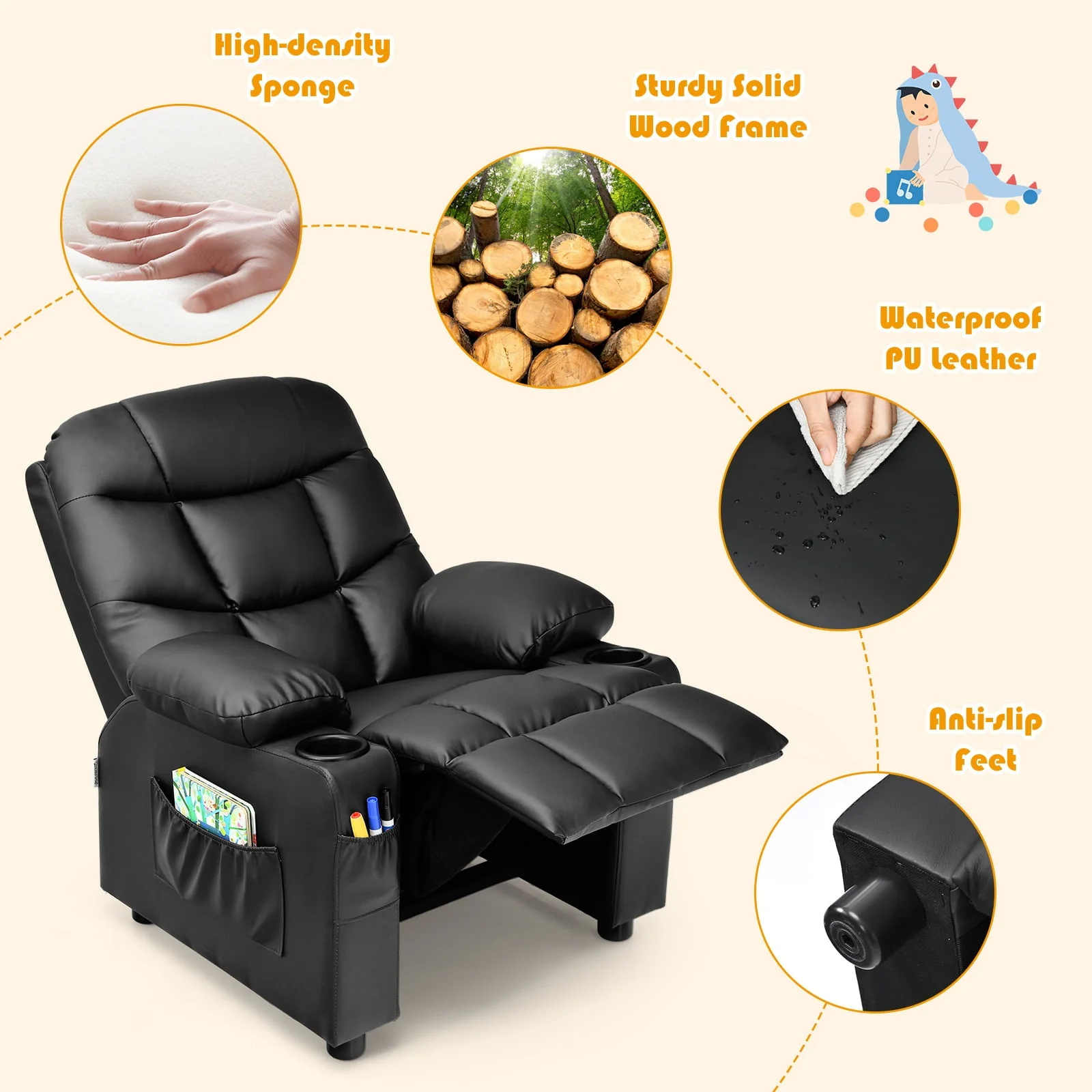 Infans Kids Youth Recliner Chair PU Leather w/Cup Holders & Side Pockets Black - Image 5