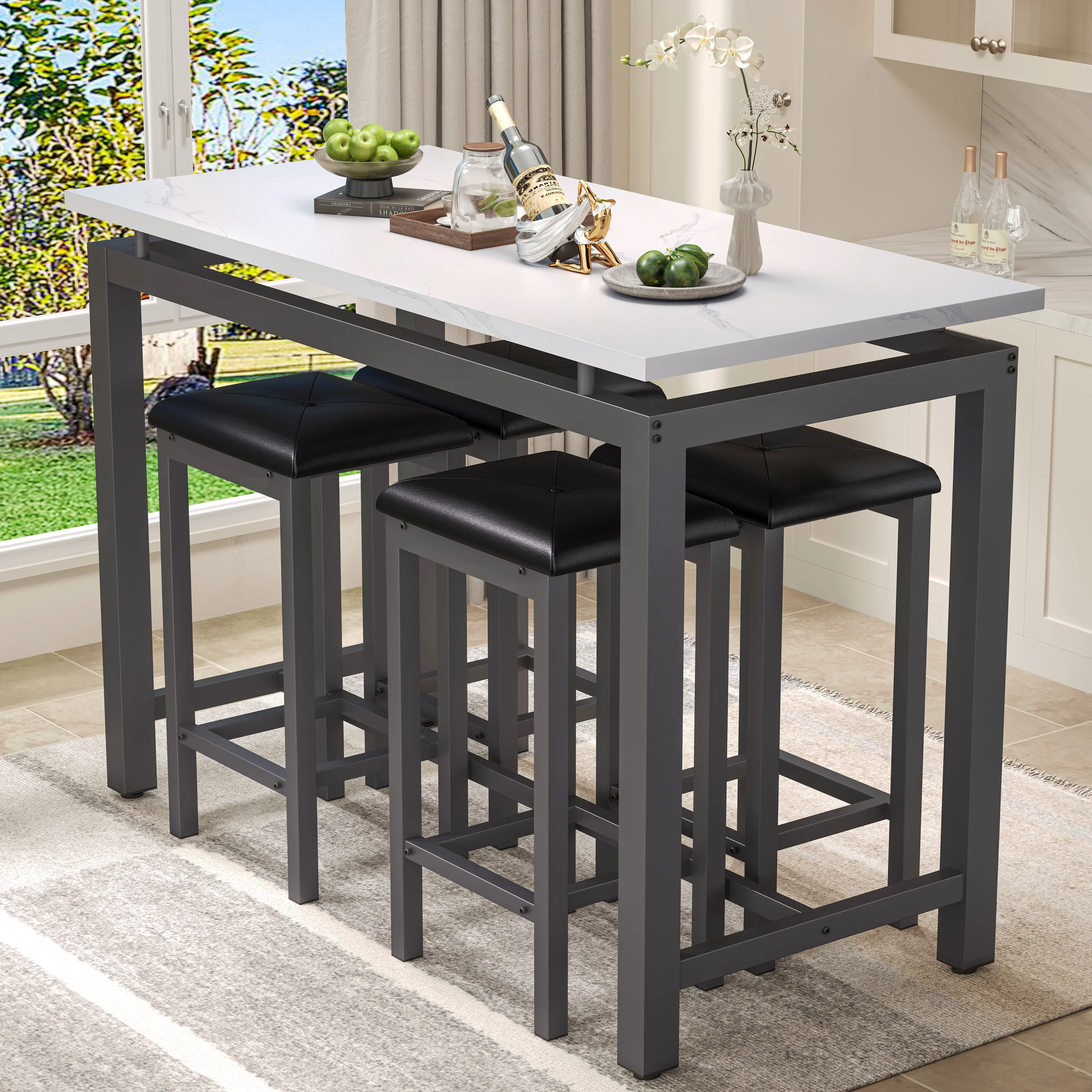 Counter Height Table Set of 5, Breakfast Bar Table and Stool Set, Minimalist Dining Table with Backless Stools, Wood Top Pub Table & Chair Set for Kitchen Apartment Bistro - Space Saving - Image 4