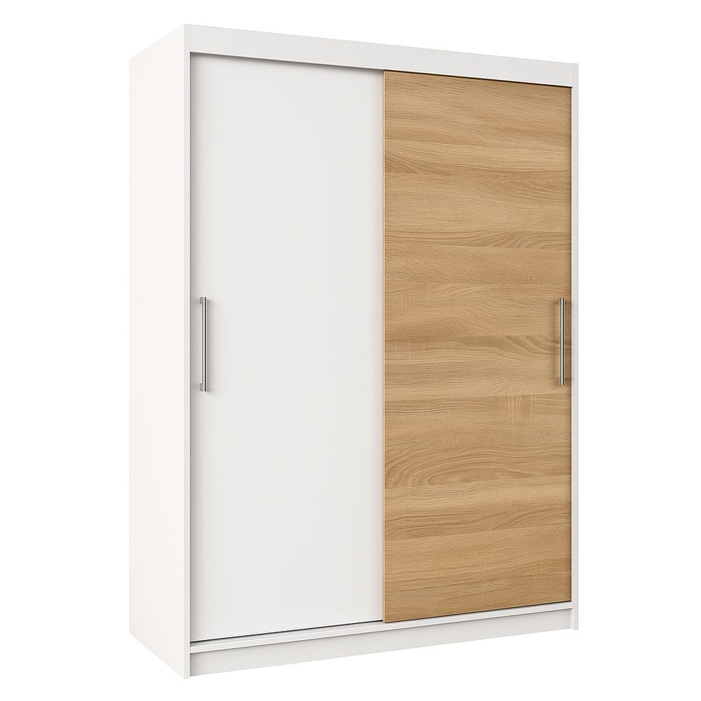 Armario Blanco/Roble Dormitorio Puertas Correderas 200x60x200 cm Madera Funcional