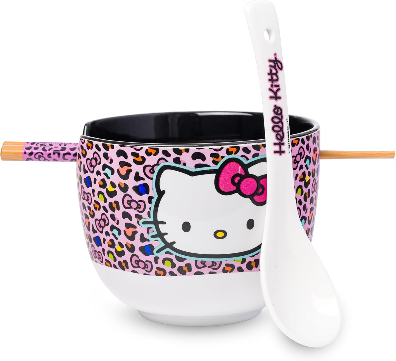 Silver Buffalo Sanrio Hello Kitty Face with Different Color Bows Pattern Ceramic Ramen Noodle Rice Bowl with Chopsticks, Microwave Safe, 20 Ounces
