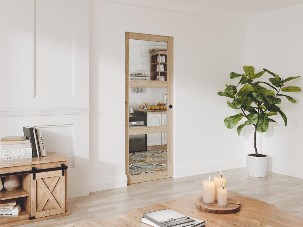 Puerta corredera empotrada en madera y vidrio templado - 3 ventanas - Alt. 205 x L73 cm - ACOSTA II
