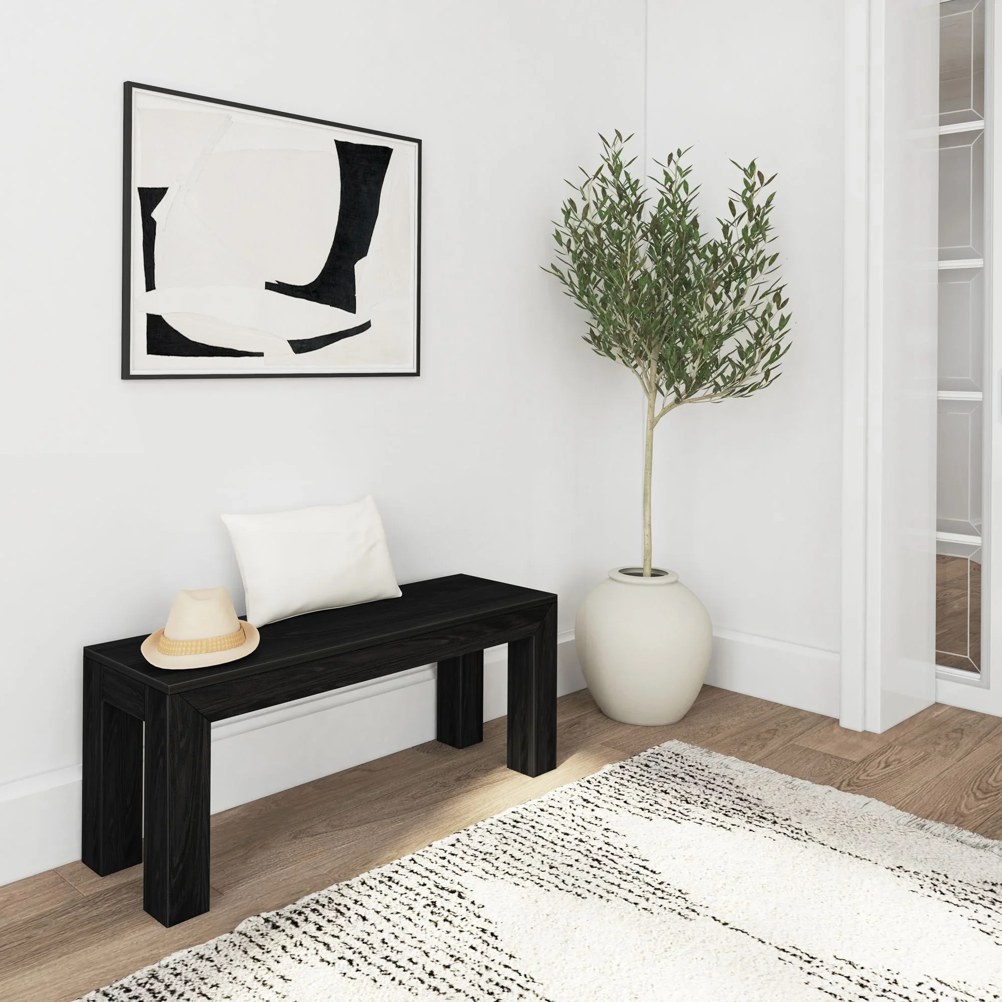 Plank+Beam Modern Dining Bench, Solid Wood Bench for Dining Table, 49", Blonde Wirebrush