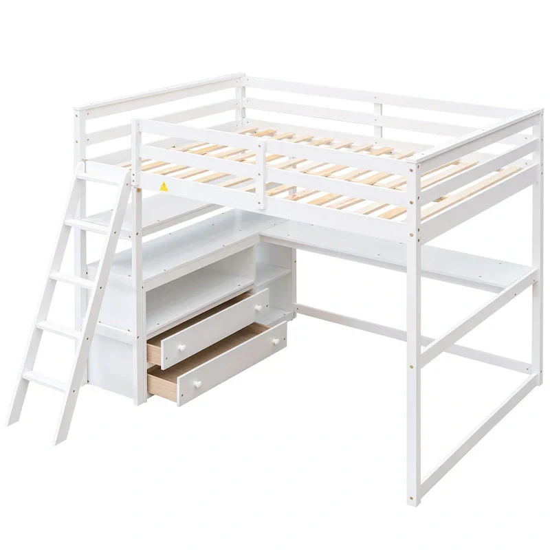 Gray Full-Size Loft Bed with Desk, Shelves, and Two Built-In Drawers