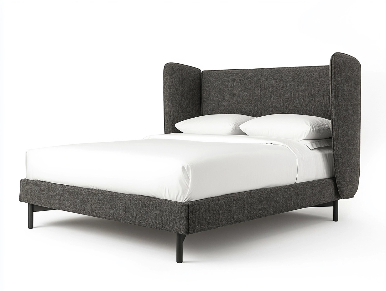 Cama tapizada con cabecero envolvente alto en gris oscuro