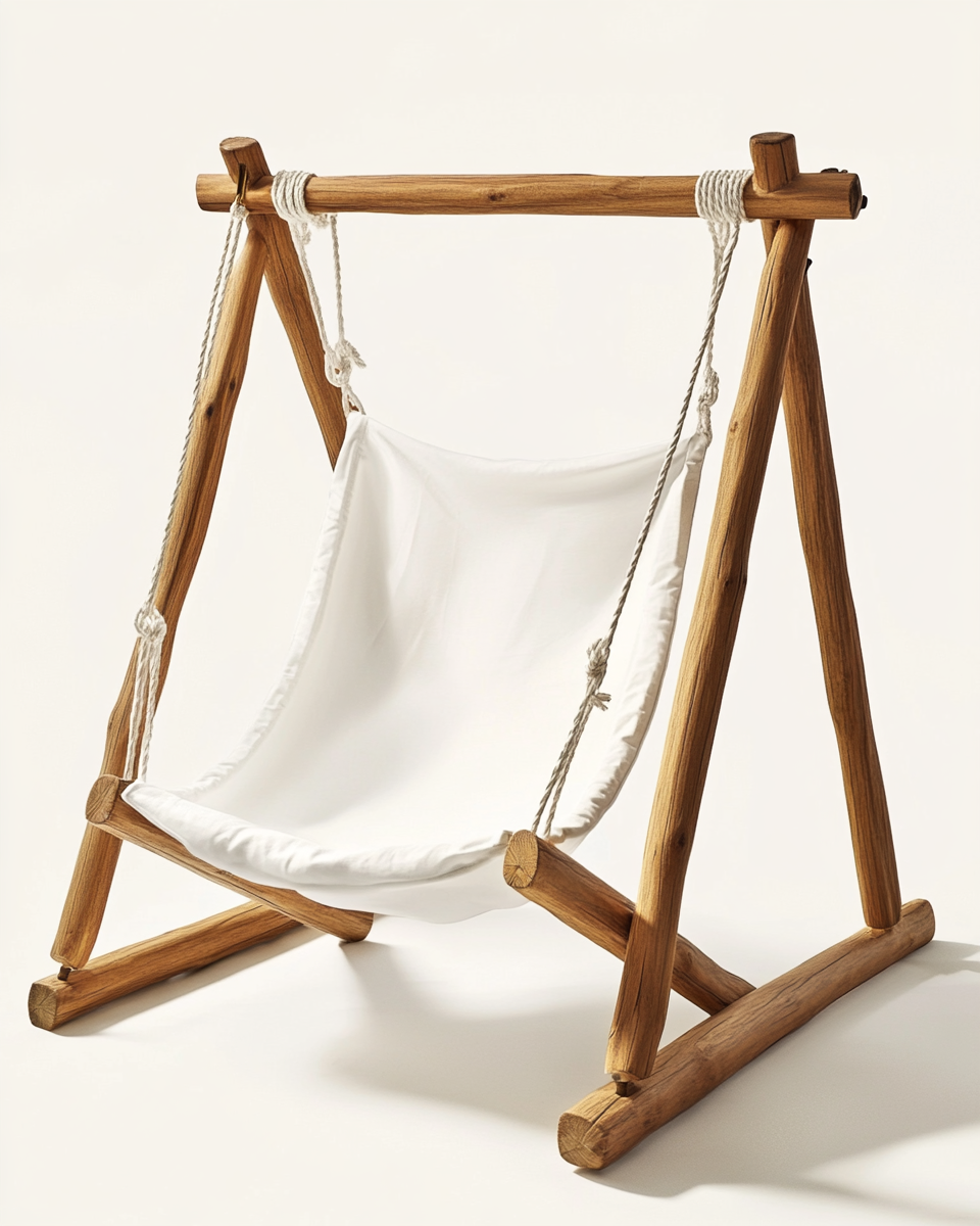Silla colgante de jardín, diseño minimalista, madera y tela