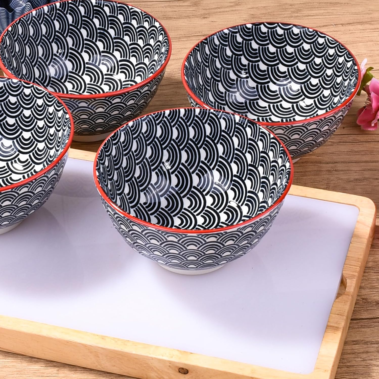 4-Piece Ceramic Small Bowl Set, 4.5-Inch Round Rice Bowls with Black & White Wave Motif, Classic Japanese Style Soup & Cereal Bowls with Red Rim, Microwave & Dishwasher Safe, Stackable