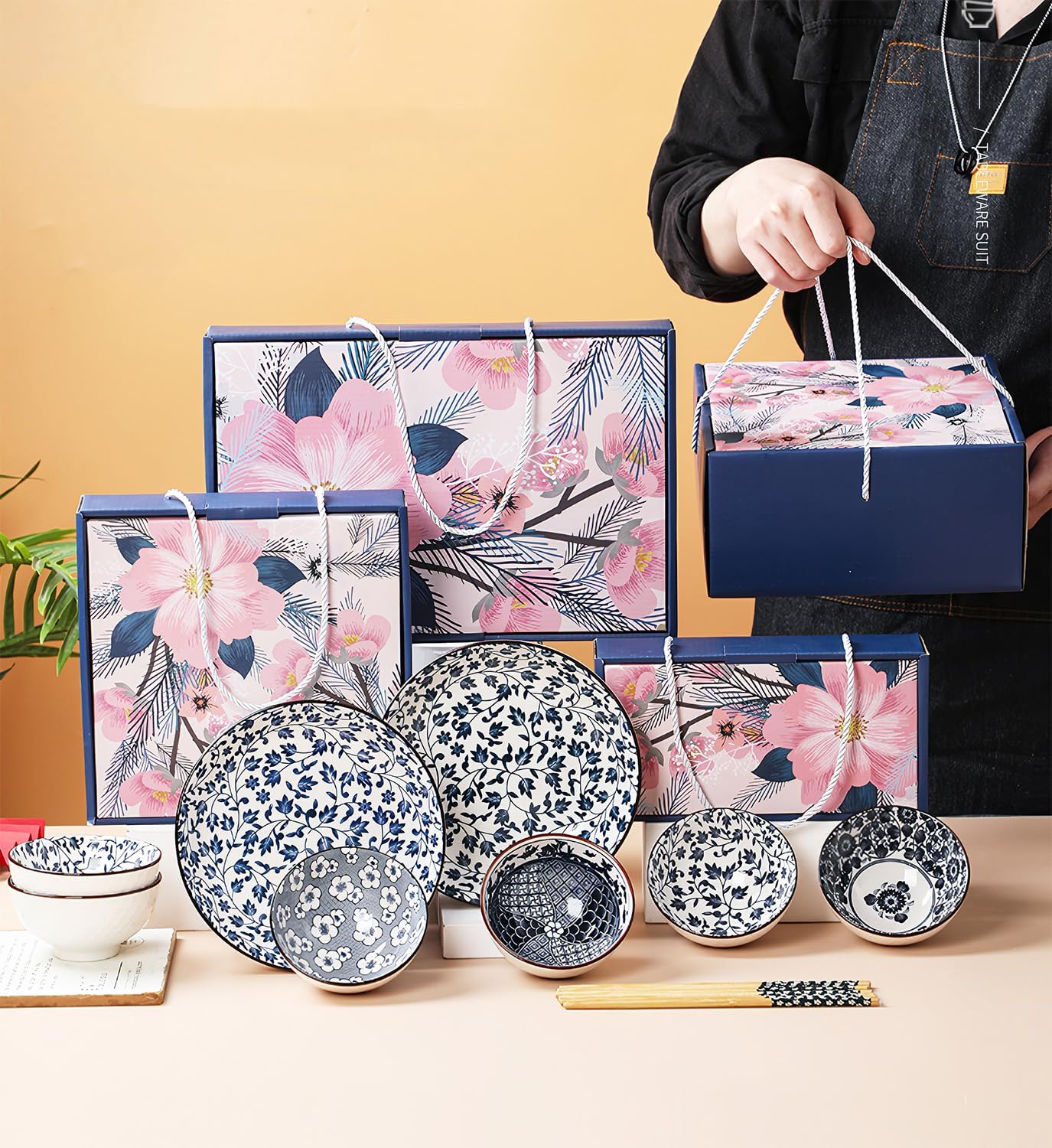 Rice Bowls 10oz, Japanese Style Bowls Set of 6 with Gift Box - Blue and White Ceramic Bowls for Soup, Dessert, Ice Cream, Snack - Kitchen Gifts for Women (Blue and White)