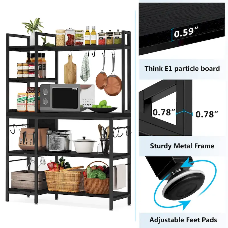 43-Inch Kitchen Bakers Rack with Microwave Stand - 5-Tier Utility Storage Shelf and 10 Hooks for Kitchen and Living Room