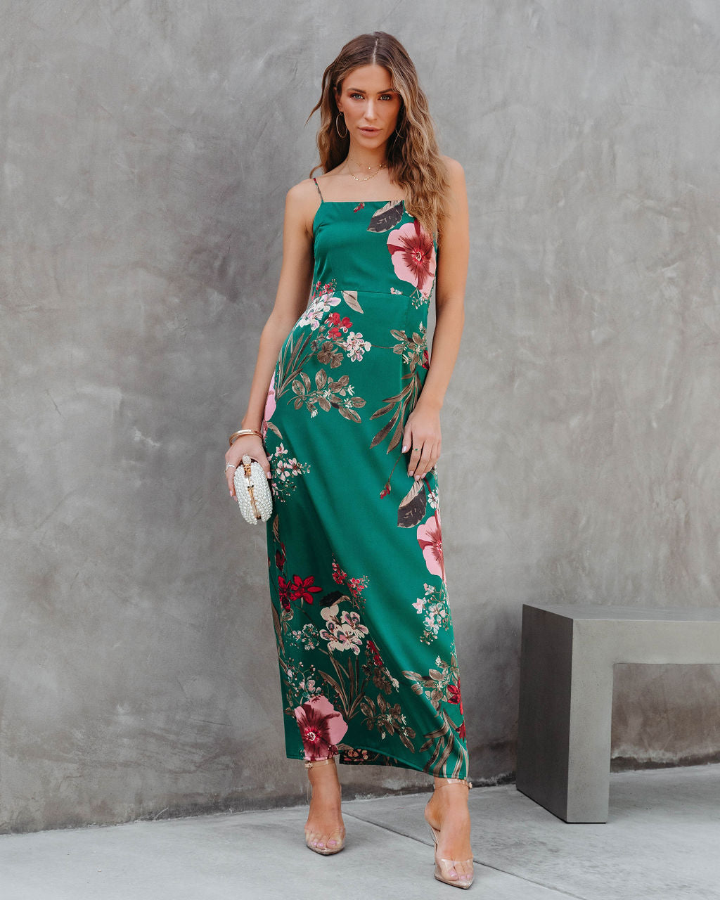 Ramona Satin Floral Maxi Dress - Green - Se7enfashion