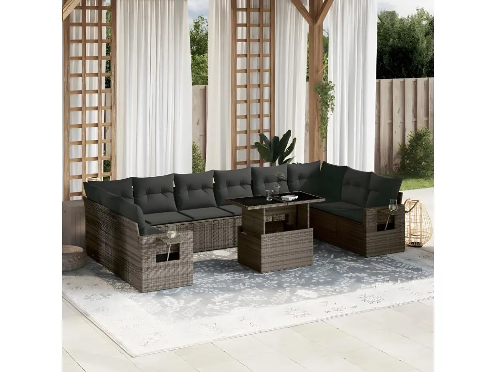 Set de sofás de jardín 11 piezas y cojines ratán sintético gris jezx77525