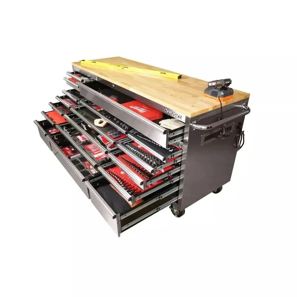 72 in. 18-Drawer 24 in. D Mobile Workbench With Solid Wood Top - Stainless Steel - Image 6 72 in. 18-Drawer 24 in. D Mobile Workbench With Solid Wood Top - Stainless Steel - Image 6