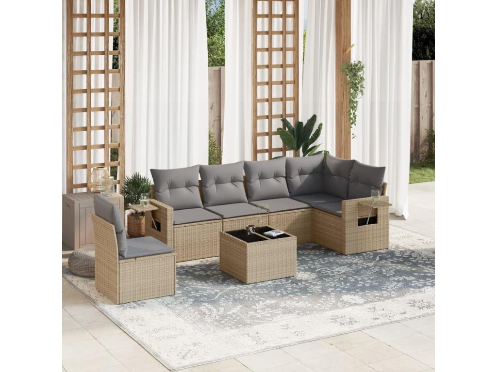Set sofás de jardín 7 piezas y cojines ratán sintético beige PPOR59324