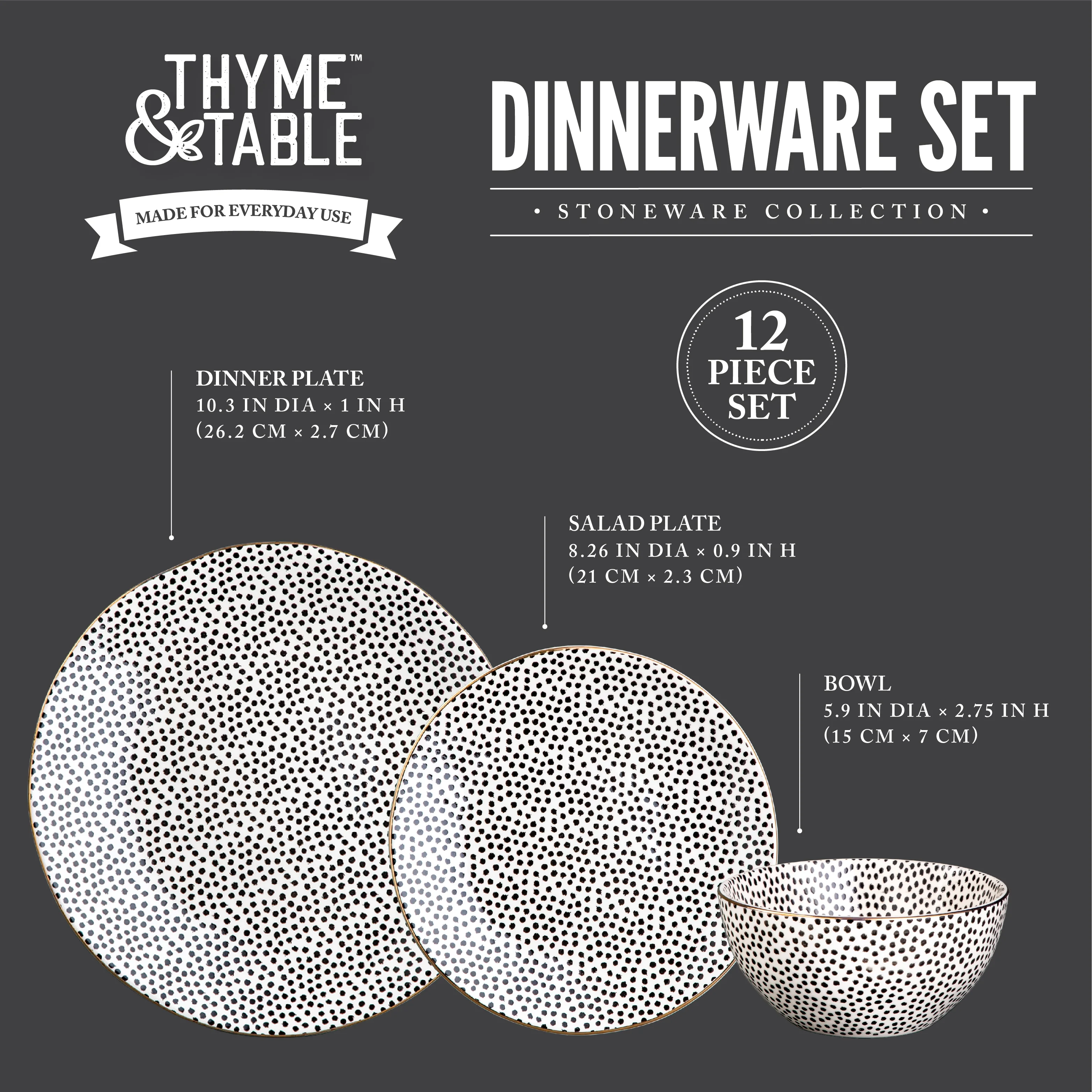 Thyme & Table Dinnerware Black & White Dot Stoneware, 12 Piece Set - Image 4