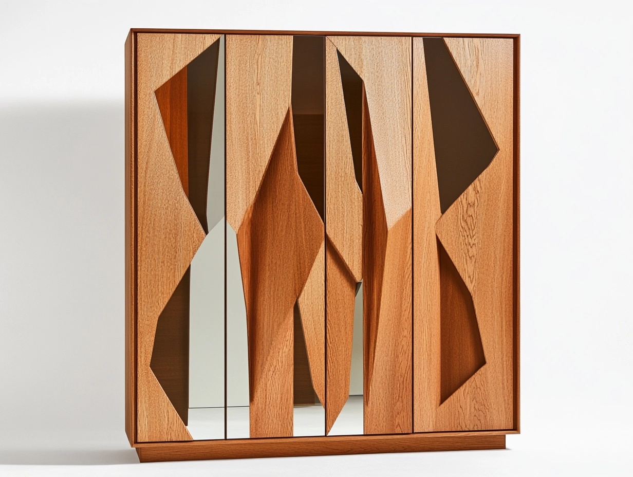 Armario de diseño geométrico en madera maciza con espejos integrados – estilo moderno artístico