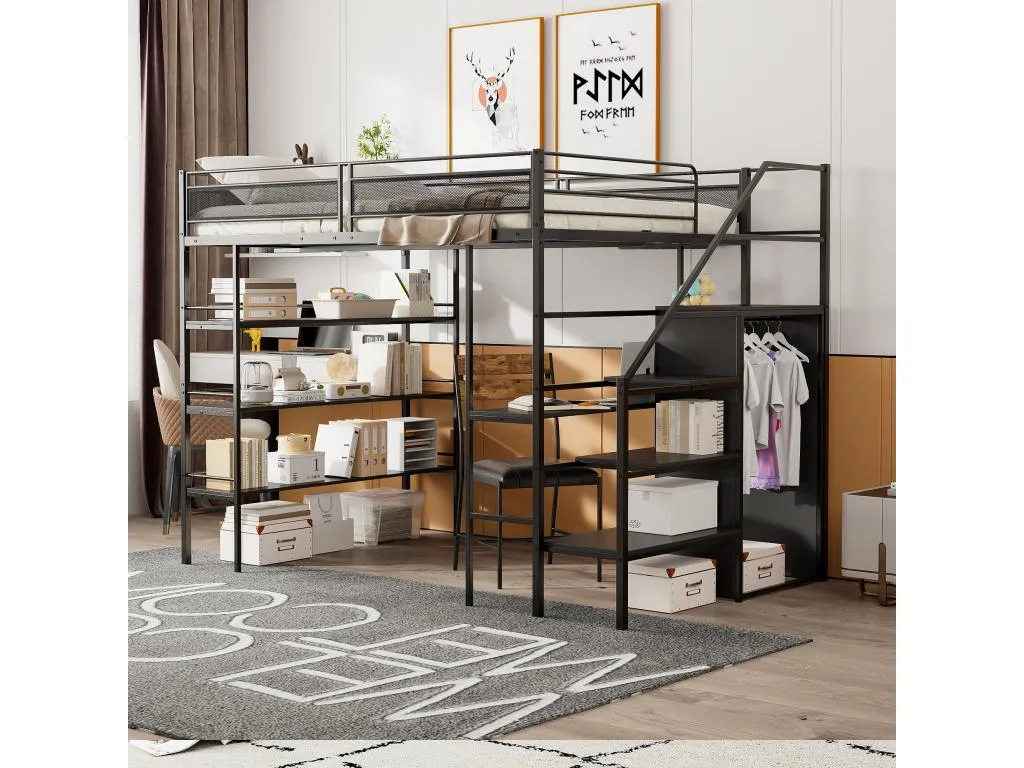 Cama alta 140x200 cm con escritorio armario estantes y escalones de almacenamiento - Luxmbls - para niños - Negro (sin colchón) GULL55077