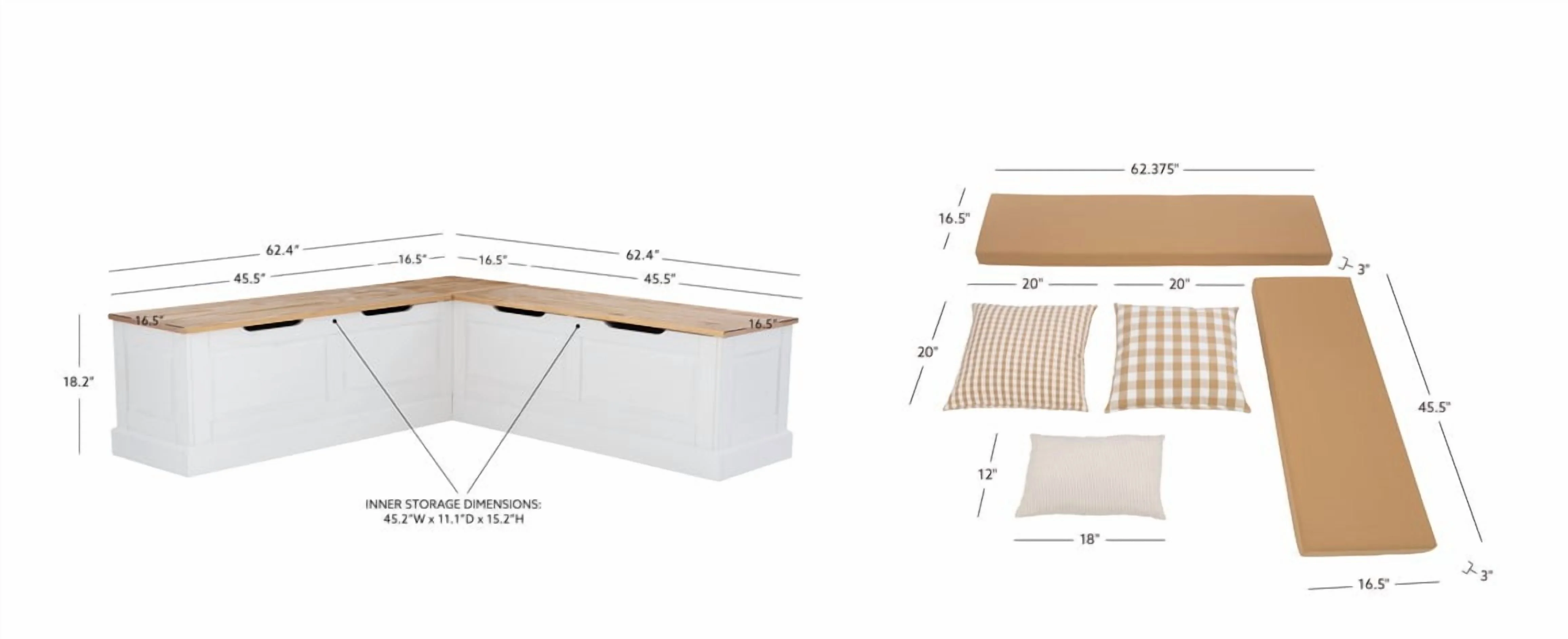 Linon Romero Backless Corner Nook with Storage, 5-Piece Cushion Set, Natural/White/Beige - Image 6